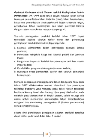 Petunjuk Teknis Pengelolaan Produksi Aneka Kacang dan Umbi Tahun 2017
17
Optimasi Perluasan Areal Tanam melalui Peningkatan Indeks
Pertanaman (PAT-PIP) pada lahan sawah maupun lahan kering
termasuk pemanfaatan lahan terlantar (bera), lahan bukaan baru,
kerjasama pemanfaatan lahan perhutani, hutan tanaman rakyat,
perkebunan, lahan transmigrasi, dan lahan potensial lainnya
dengan sistem monokultur maupun tumpangsari.
Skenario peningkatan produksi kedelai tahun 2017 dapat
terealisasi apabila seluruh faktor kunci dan pendukung
peningkatan produksi berikut ini dapat dipenuhi:
a. Fasilitasi pemerintah dalam penyediaan bantuan sarana
produksi;
b. Penetapan kebijakan harga beli kedelai petani dan jaminan
Pasar;
c. Pengaturan importasi kedelai dan penerapan tarif bea masuk
impor kedelai;
d. Kondisi iklim yang mendukung pertanaman kedelai;
e. Dukungan nyata pemerintah daerah dan seluruh pemangku
kepentingan.
Skenario pencapaian produksi kacang tanah dan kacang hijau pada
tahun 2017 dilaksanakan melalui diseminasi dan penerapan
teknologi budidaya yang mengacu pada paket rakitan teknologi
budidaya kacang tanah dan kacang hijau yang dikeluarkan oleh
Balitkabi pada pertanaman di tingkat petani, selain itu juga ada
upaya untuk mendorong pemanfaatan lahan terlantar/lahan
marginal dan mendorong peningkatan IP (indeks pertanaman)
serta promosi investasi.
Secara rinci pendekatan pencapaian Sasaran produksi tersebut
dapat dilihat pada tabel 4 dan tabel 5 berikut :
 
