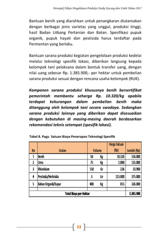 Petunjuk Teknis Pengelolaan Produksi Aneka Kacang dan Umbi Tahun 2017
22
Bantuan benih yang diarahkan untuk penangkaran diutamakan
dengan berbagai jenis varietas yang unggul, produksi tinggi,
hasil Badan Litbang Pertanian dan Batan. Spesifikasi pupuk
organik, pupuk hayati dan pestisida harus terdaftar pada
Permentan yang berlaku.
Bantuan sarana produksi kegiatan pengelolaan produksi kedelai
melalui teknologi spesifik lokasi, diberikan langsung kepada
kelompok tani pelaksana dalam bentuk transfer uang, dengan
nilai uang sebesar Rp. 1.385.900,- per hektar untuk pembelian
sarana produksi sesuai dengan rencana usaha kelompok (RUK).
Komponen sarana produksi khususnya benih bersertifikat
pemerintah membantu seharga Rp. 10.320/kg apabila
terdapat kekurangan dalam pembelian benih maka
ditanggung oleh kelompok tani secara swadaya. Sedangkan
sarana produksi lainnya yang diberikan dapat disesuaikan
dengan kebutuhan di masing-masing daerah berdasarkan
rekomendasi teknis setempat (spesifik lokasi).
Tabel 8. Pagu Satuan Biaya Penerapan Teknologi Spesifik
 