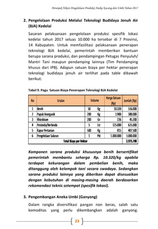 Petunjuk Teknis Pengelolaan Produksi Aneka Kacang dan Umbi Tahun 2017
23
2. Pengelolaan Produksi Melalui Teknologi Budidaya Jenuh Air
(BJA) Kedelai
Sasaran pelaksanaan pengelolaan produksi spesifik lokasi
kedelai tahun 2017 seluas 10.000 ha tersebar di 7 Provinsi,
14 Kabupaten. Untuk memfasilitasi pelaksanaan penerapan
teknologi BJA kedelai, pemerintah memberikan bantuan
berupa sarana produksi, dan pendampingan Petugas Penyuluh/
Mantri Tani maupun pendamping lainnya (Tim Pendamping
khusus dari IPB). Adapun satuan biaya per hektar penerapan
teknologi budidaya jenuh air terlihat pada table dibawah
berikut:
Tabel 9. Pagu Satuan Biaya Penerapan Teknologi BJA Kedelai
Komponen sarana produksi khususnya benih bersertifikat
pemerintah membantu seharga Rp. 10.320/kg apabila
terdapat kekurangan dalam pembelian benih, maka
ditanggung oleh kelompok tani secara swadaya. Sedangkan
sarana produksi lainnya yang diberikan dapat disesuaikan
dengan kebutuhan di masing-masing daerah berdasarkan
rekomendasi teknis setempat (spesifik lokasi).
3. Pengembangan Aneka Umbi (Ganyong)
Dalam rangka diversifikasi pangan non beras, salah satu
komoditas yang perlu dikembangkan adalah ganyong.
 