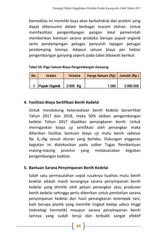 Petunjuk Teknis Pengelolaan Produksi Aneka Kacang dan Umbi Tahun 2017
24
Komoditas ini memiliki kaya akan karbohidrat dan protein yang
dapat dikonsumsi dalam berbagai macam olahan. Untuk
memfasilitasi pengembangan pangan lokal pemerintah
memberikan bantuan sarana produksi berupa pupuk organik
serta pendampingan petugas penyuluh lapagan petugas
pendamping lainnya. Adapun satuan biaya per hektar
pengembangan ganyong seperti pada tabel dibawah berikut:
Tabel 10. Pagu Satuan Biaya Pengembangan Ganyong
4. Fasilitasi Biaya Sertifikasi Benih Kedelai
Untuk mendukung ketersediaan benih kedelai bersertikat
Tahun 2017 dan 2018, maka 50% alokasi pengembangan
kedelai Tahun 2017 dijadikan penangkaran benih. Untuk
meringankan biaya uji sertifikasi oleh penangkar maka
diberikan fasilitas bantuan biaya uji mutu benih sebesar
Rp. 6,-/kg sesuai aturan yang berlaku. Dukungan anggaran
kegiatan ini dialokasikan pada satker Tugas Pembantuan
masing-masing provinsi yang melaksanakan kegiatan
pengembangan kedelai.
5. Bantuan Sarana Penyimpanan Benih Kedelai
Salah satu permasalahan cepat rusaknya kualitas mutu benih
kedelai adalah masih kurangnya sarana penyimpanan benih
kedelai yang dimiliki oleh petani penangkar atau produsen
benih kedelai sehingga perlu diberikan untuk pembelian sarana
penyimpanan kedelai dari hasil penangkaran kelompok tani,
baik berupa plastik yang memiliki tingkat kedap udara tinggi
(teknologi hermetik) maupun sarana penyimpanan benih
lainnya yang sudah teruji dan terbukti sangat efektif
 