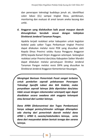 Petunjuk Teknis Pengelolaan Produksi Aneka Kacang dan Umbi Tahun 2017
31
dan penerapan teknologi budidaya jenuh air, identifikasi
calon lokasi (CL) sampai tingkat Desa, pembinaan,
monitoring dan evaluasi di areal tanam aneka kacang dan
umbi.
d. Anggaran yang dialokasikan baik pusat maupun daerah
dimungkinkan berubah sesuai dengan kebijakan
Direktorat Jenderal Tanaman Pangan.
Apabila terjadi realokasi antar kabupaten untuk kegiatan
kedelai pada satker Tugas Perbantuan tingkat Provinsi
dapat dilakukan melalui revisi POK yang diusulkan oleh
Kepala DInas Provinsi selaku Kuasa Pengguna Anggaran
(KPA) kepada Kanwil Dirjen Anggaran setempat. Sedangkan
realokasi antar Provinsi dan/atau Kabupaten Satker Mandiri
dapat dilakukan melalui persetujuan Direktur Jenderal
Tanaman Pangan melalui revisi DIPA yang diusulkan ke
Direktorat Jenderal Anggaran Kementerian Keuangan.
Mengingat Bantuan Pemerintah Pusat sangat terbatas
untuk pembelian saprodi pelaksanaan Penerapan
Teknologi Spesifik Lokasi dan BJA Kedelai, maka
penyediaan saprodi lainnya (bila diperlukan dan/atau
tidak sesuai dengan rekomendasi setempat) agar dapat
disediakan secara swadana oleh anggota kelompok
atau berasal dari sumber lainnya.
Dana APBN (Dekonsentrasi dan Tugas Pembantuan)
hanya sebagai pemicu/stimulan sehingga diharapkan
ada sharing dari pemerintah daerah melalui dana
APBD I, APBD II, swasta/stakeholders lainnya, serta
dana dari masyarakat dalam bentuk tenaga dan sarana
lainnya.
 