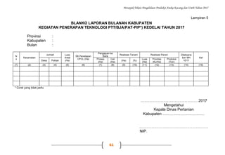 Petunjuk Teknis Pengelolaan Produksi Aneka Kacang dan Umbi Tahun 2017
61
Lampiran 5
BLANKO LAPORAN BULANAN KABUPATEN
KEGIATAN PENERAPAN TEKNOLOGI PTT/BJA/PAT-PIP*) KEDELAI TAHUN 2017
Provinsi :
Kabupaten :
Bulan :
N
o
Kecamatan
Jumlah Luas
Areal
(Ha)
SK Penetapan
CPCL (Ha)
Pengajuan ke
Bank
Realisasi Tanam Realisasi Panen Dilaksana
kan MH
10/11
Ket
Desa Poktan
Proses
(Ha)
Cair
(Ha)
(Ha) (%)
Luas
(Ha)
Provitas
(Ku/Ha)
Produksi
(Ton)
(1) (2) (3) (4) (5) (6) (7) (8) (9) (10) (11) (12) (13) (14) (15)
* Coret yang tidak perlu
……………………………………… 2017
Mengetahui
Kepala Dinas Pertanian
Kabupaten ……………………………
..………………………………………..……
NIP.
 