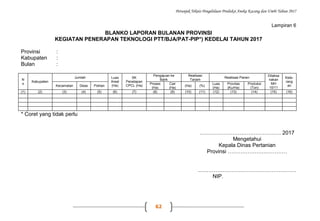 Petunjuk Teknis Pengelolaan Produksi Aneka Kacang dan Umbi Tahun 2017
62
Lampiran 6
BLANKO LAPORAN BULANAN PROVINSI
KEGIATAN PENERAPAN TEKNOLOGI PTT/BJA/PAT-PIP*) KEDELAI TAHUN 2017
Provinsi :
Kabupaten :
Bulan :
N
o
Kabupaten
Jumlah Luas
Areal
(Ha)
SK
Penetapan
CPCL (Ha)
Pengajuan ke
Bank
Realisasi
Tanam
Realisasi Panen
Dilaksa
nakan
MH
10/11
Kete-
rang
anKecamatan Desa Poktan
Proses
(Ha)
Cair
(Ha)
(Ha) (%)
Luas
(Ha)
Provitas
(Ku/Ha)
Produksi
(Ton)
(1) (2) (3) (4) (5) (6) (7) (8) (9) (10) (11) (12) (13) (14) (15) (16)
* Coret yang tidak perlu
……………………………………… 2017
Mengetahui
Kepala Dinas Pertanian
Provinsi ……………………………
..………………………………………..……
NIP.
 