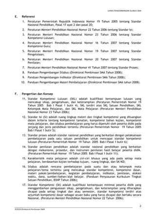JUKNIS PENGEMBANGAN SILABUS SMA 
1. Peraturan Pemerintah Republik Indonesia Nomor 19 Tahun 2005 tentang Standar 
2. Peraturan Menteri Pendidikan Nasional Nomor 22 Tahun 2006 tentang Standar Isi; 
3. Peraturan Menteri Pendidikan Nasional Nomor 23 Tahun 2006 tentang Standar 
4. Peraturan Menteri Pendidikan Nasional Nomor 16 Tahun 2007 tentang Standar 
5. Peraturan Menteri Pendidikan Nasional Nomor 19 Tahun 2007 tentang Standar 
6. Peraturan Menteri Pendidikan Nasional Nomor 20 Tahun 2007 tentang Standar 
7. Peraturan Menteri Pendidikan Nasional Nomor 41 Tahun 2007 tentang Standar Proses; 
8. Panduan Pengembangan Silabus (Direktorat Pembinaan SMA Tahun 2008); 
9. Panduan Pengembangan Indikator (Direktorat Pembinaan SMA Tahun 2008); 
10. Panduan Pengembangan Materi Pembelajaran (Direktorat Pembinaan SMA tahun 2008). 
11. Standar Kompetensi Lulusan (SKL) adalah kualifikasi kemampuan lulusan yang 
mencakup sikap, pengetahuan, dan keterampilan (Peraturan Pemerintah Nomor 19 
Tahun 2005 Bab I Pasal 1 butir 4). SKL terdiri atas SKL Satuan Pendidikan, SKL 
Kelompok Mata Pelajaran, dan SKL Mata Pelajaran (Peraturan Menteri Pendidikan 
Nasional Nomor 23 Tahun 2006); 
12. Standar Isi (SI) adalah ruang lingkup materi dan tingkat kompetensi yang dituangkan 
dalam kriteria tentang kompetensi tamatan, kompetensi bahan kajian, kompetensi 
mata pelajaran, dan silabus pembelajaran yang harus dipenuhi oleh peserta didik pada 
jenjang dan jenis pendidikan tertentu (Peraturan Pemerintah Nomor 19 Tahun 2005 
Bab I Pasal 1 butir 5); 
13. Standar proses adalah standar nasional pendidikan yang berkaitan dengan pelaksanaan 
pembelajaran pada satu satuan pendidikan untuk mencapai standar kompetensi 
lulusan (Peraturan Pemerintah Nomor 19 Tahun 2005 Bab I Pasal 1 butir 6); 
14. Standar penilaian pendidikan adalah standar nasional pendidikan yang berkaitan 
dengan mekanisme, prosedur, dan instrumen penilaian hasil belajar peserta didik. 
(Peraturan Pemerintah Nomor 19 Tahun 2005 Bab I Pasal 1 butir 11); 
15. Karakteristik mata pelajaran adalah ciri-ciri khusus yang ada pada setiap mata 
16. Silabus adalah rencana pembelajaran pada suatu dan atau kelompok mata 
pelajaran/tema tertentu yang mencakup standar kompetensi, kompetensi dasar, 
materi pokok/pembelajaran, kegiatan pembelajaran, indikator, penilaian, alokasi 
waktu, dana, sumber/bahan/alat belajar. (Panduan Penyusunan Kurikulum Tingkat 
Satuan Pendidikan, BSNP Tahun 2006); 
17. Standar Kompetensi (SK) adalah kualifikasi kemampuan minimal peserta didik yang 
menggambarkan penguasaan sikap, pengetahuan, dan keterampilan yang diharapkan 
dicapai pada setiap tingkat dan atau semester, standar kompetensi terdiri atas 
sejumlah kompetensi dasar sebagai acuan baku yang harus dicapai dan berlaku secara 
Nasional. (Peraturan Menteri Pendidikan Nasional Nomor 22 Tahun 2006); 
2 
E. Referensi 
Nasional Pendidikan, Pasal 17 ayat 2 dan pasal 20; 
Kompetensi Lulusan; 
Kompetensi Guru; 
Pengelolaan; 
Penilaian; 
F. Pengertian dan Konsep 
pelajaran, berdasarkan kajian terhadap tujuan, ruang lingkup, dan SK/KD; 
©2010-Direktorat Pembinaan SMA 
 