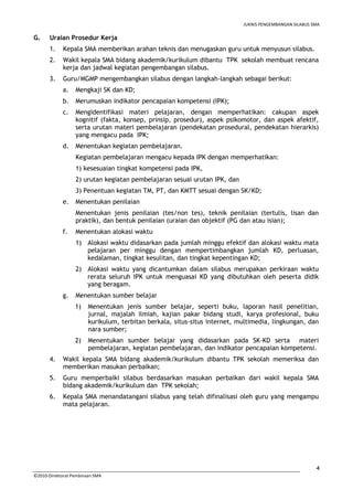 JUKNIS PENGEMBANGAN SILABUS SMA 
1. Kepala SMA memberikan arahan teknis dan menugaskan guru untuk menyusun silabus. 
2. Wakil kepala SMA bidang akademik/kurikulum dibantu TPK sekolah membuat rencana 
a. Mengkaji SK dan KD; 
b. Merumuskan indikator pencapaian kompetensi (IPK); 
c. Mengidentifikasi materi pelajaran, dengan memperhatikan: cakupan aspek 
kognitif (fakta, konsep, prinsip, prosedur), aspek psikomotor, dan aspek afektif, 
serta urutan materi pembelajaran (pendekatan prosedural, pendekatan hierarkis) 
yang mengacu pada IPK; 
Menentukan jenis penilaian (tes/non tes), teknik penilaian (tertulis, lisan dan 
praktik), dan bentuk penilaian (uraian dan objektif (PG dan atau isian); 
1) Alokasi waktu didasarkan pada jumlah minggu efektif dan alokasi waktu mata 
pelajaran per minggu dengan mempertimbangkan jumlah KD, perluasan, 
kedalaman, tingkat kesulitan, dan tingkat kepentingan KD; 
2) Alokasi waktu yang dicantumkan dalam silabus merupakan perkiraan waktu 
rerata seluruh IPK untuk menguasai KD yang dibutuhkan oleh peserta didik 
yang beragam. 
1) Menentukan jenis sumber belajar, seperti buku, laporan hasil penelitian, 
jurnal, majalah ilmiah, kajian pakar bidang studi, karya profesional, buku 
kurikulum, terbitan berkala, situs-situs internet, multimedia, lingkungan, dan 
nara sumber; 
2) Menentukan sumber belajar yang didasarkan pada SK-KD serta materi 
pembelajaran, kegiatan pembelajaran, dan indikator pencapaian kompetensi. 
4. Wakil kepala SMA bidang akademik/kurikulum dibantu TPK sekolah memeriksa dan 
5. Guru memperbaiki silabus berdasarkan masukan perbaikan dari wakil kepala SMA 
6. Kepala SMA menandatangani silabus yang telah difinalisasi oleh guru yang mengampu 
4 
G. Uraian Prosedur Kerja 
kerja dan jadwal kegiatan pengembangan silabus. 
3. Guru/MGMP mengembangkan silabus dengan langkah-langkah sebagai berikut: 
d. Menentukan kegiatan pembelajaran. 
Kegiatan pembelajaran mengacu kepada IPK dengan memperhatikan: 
1) kesesuaian tingkat kompetensi pada IPK, 
2) urutan kegiatan pembelajaran sesuai urutan IPK, dan 
3) Penentuan kegiatan TM, PT, dan KMTT sesuai dengan SK/KD; 
e. Menentukan penilaian 
f. Menentukan alokasi waktu 
g. Menentukan sumber belajar 
memberikan masukan perbaikan; 
bidang akademik/kurikulum dan TPK sekolah; 
mata pelajaran. 
©2010-Direktorat Pembinaan SMA 
 