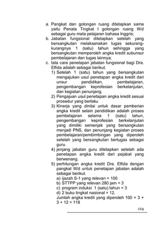 a. Pangkat dan golongan ruang ditetapkan sama
   yaitu Penata Tingkat I golongan ruang III/d
   sebagai guru mata pelajaran bahasa Inggris;
b. Jabatan fungsional ditetapkan setelah yang
   bersangkutan melaksanakan tugas sekurang-
   kurangnya 1 (satu) tahun sehingga yang
   bersangkutan memperoleh angka kredit subunsur
   pembelajaran dan tugas lainnya;
c. tata cara penetapan jabatan fungsional bagi Dra.
   Elfida adalah sebagai berikut.
   1) Setelah 1 (satu) tahun yang bersangkutan
      mengajukan usul penetapan angka kredit dari
      unsur         pendidikan,        pembelajaran,
      pengembangan keprofesian berkelanjutan,
      dan kegiatan penunjang.
   2) Pengajuan usul penetapan angka kredit sesuai
      prosedur yang berlaku
   3) Kinerja yang dinilai untuk dasar pemberian
      angka kredit selain pendidikan adalah proses
      pembelajaran selama 1 (satu) tahun,
      pengembangan keprofesian berkelanjutan
      yang dimiliki semenjak yang bersangkutan
      menjadi PNS, dan penunjang kegiatan proses
      pembelajaran/pembimbingan yang diperoleh
      setelah yang bersangkutan bertugas sebagai
      guru.
   4) jenjang jabatan guru ditetapkan setelah ada
      penetapan angka kredit dari pejabat yang
      berwenang.
   5) perhitungan angka kredit Dra. Elfida dengan
      pangkat III/d untuk penetapan jabatan adalah
      sebagai berikut.
      a) ijazah S-1 yang relevan = 100
      b) STTPP yang relevan 280 jam = 3
      c) program induksi 1 (satu) tahun = 3
      d) 2 buku tingkat nasional = 12.
      Jumlah angka kredit yang diperoleh 100 + 3 +
      3 + 12 = 118
                                                124
 
