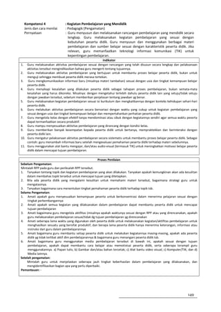 Kompetensi 4              : Kegiatan Pembelajaran yang Mendidik
     Jenis dan cara menilai    : Pedagogik (Pengamatan)
     Pernyataan                : Guru menyusun dan melaksanakan rancangan pembelajaran yang mendidik secara
                                 lengkap. Guru melaksanakan kegiatan pembelajaran yang sesuai dengan
                                 kebutuhan peserta didik. Guru menyusun dan menggunakan berbagai materi
                                 pembelajaran dan sumber belajar sesuai dengan karakteristik peserta didik. Jika
                                 relevan, guru memanfaatkan teknologi informasi komunikasi (TIK) untuk
                                 kepentingan pembelajaran.
                                                        Indikator
1.  Guru melaksanakan aktivitas pembelajaran sesuai dengan rancangan yang telah disusun secara lengkap dan pelaksanaan
    aktivitas tersebut mengindikasikan bahwa guru mengerti tentang tujuannya.
2. Guru melaksanakan aktivitas pembelajaran yang bertujuan untuk membantu proses belajar peserta didik, bukan untuk
    menguji sehingga membuat peserta didik merasa tertekan.
3. Guru mengkomunikasikan informasi baru (misalnya materi tambahan) sesuai dengan usia dan tingkat kemampuan belajar
    peserta didik.
4. Guru menyikapi kesalahan yang dilakukan peserta didik sebagai tahapan proses pembelajaran, bukan semata-mata
    kesalahan yang harus dikoreksi. Misalnya: dengan mengetahui terlebih dahulu peserta didik lain yang setuju/tidak setuju
    dengan jawaban tersebut, sebelum memberikan penjelasan tentang jawaban yg benar.
5. Guru melaksanakan kegiatan pembelajaran sesuai isi kurikulum dan mengkaitkannya dengan konteks kehidupan sehari-hari
    peserta didik.
6. Guru melakukan aktivitas pembelajaran secara bervariasi dengan waktu yang cukup untuk kegiatan pembelajaran yang
    sesuai dengan usia dan tingkat kemampuan belajar dan mempertahankan perhatian peserta didik.
7. Guru mengelola kelas dengan efektif tanpa mendominasi atau sibuk dengan kegiatannya sendiri agar semua waktu peserta
    dapat termanfaatkan secara produktif.
8. Guru mampu menyesuaikan aktivitas pembelajaran yang dirancang dengan kondisi kelas.
9. Guru memberikan banyak kesempatan kepada peserta didik untuk bertanya, mempraktekkan dan berinteraksi dengan
    peserta didik lain.
10. Guru mengatur pelaksanaan aktivitas pembelajaran secara sistematis untuk membantu proses belajar peserta didik. Sebagai
    contoh: guru menambah informasi baru setelah mengevaluasi pemahaman peserta didik terhadap materi sebelumnya.
11. Guru menggunakan alat bantu mengajar, dan/atau audio-visual (termasuk TIK) untuk meningkatkan motivasi belajar peserta
    didik dalam mencapai tujuan pembelajaran.

                                                         Proses Penilaian
Sebelum Pengamatan:
Mintalah RPP pada guru dan periksalah RPP tersebut.
1. Tanyakan tentang topik dan kegiatan pembelajaran yang akan dilakukan. Tanyakan apakah kemungkinan akan ada kesulitan
    dalam membahas topik tersebut untuk mencapai tujuan yang ditetapkan.
2. Bila ada peserta didik yang mengalami kesulitan untuk memahami materi tersebut, bagaimana strategi guru untuk
    mengatasinya.
3. Tanyakan bagaimana cara menentukan tingkat pemahaman peserta didik terhadap topik tsb.
Selama Pengamatan:
1. Amati apakah guru menyesuaikan kemampuan peserta untuk berkonsentrasi dalam menerima pelajaran sesuai dengan
     tingkat perkembangannya
2. Amati apakah semua kegiatan yang dilaksanakan dalam pembelajaran dapat membantu peserta didik untuk mencapai
     tujuan pembelajaran
3. Amati bagaimana guru mengelola aktifitas (misalnya apakah waktunya sesuai dengan RPP atau yang direncanakan, apakah
     guru melaksanakan pembelajaran sesuai/tidak dg tujuan pembelajaran yg direncanakan
4. Amati seberapa lama waktu yang digunakan oleh peserta didik untuk melaksanakan kegiatan/aktifitas pembelajaran untuk
     menghasilkan sesuatu yang bersifat produktif, dan berapa lama peserta didik hanya menerima keterangan, informasi atau
     instruksi dari guru dalam pembelajarannya
5. Amati bagaimana guru membantu setiap peserta didik untuk melakukan kegiatannya masing-masing, apakah ada peserta
     didik yg tidak terlibat aktif dlm pembelajarannya & bagaimana guru menangani peserta didik tsb.
6. Amati bagaimana guru menggunakan media pembelajaran tersebut di bawah ini, apakah sesuai dengan tujuan
     pembelajaran, apakah dapat membantu cara belajar atau memotivisai peserta didik, serta seberapa terampil guru
     menggunakannya. a) Papan tulis; b) Gambar dan/atau bahan tercetak; c) Alat bantu video visual; c) Komputer/TIK; dan d)
     Media lainnya.
Setelah pengamatan:
    Mintalah guru untuk menjelaskan seberapa jauh tingkat keberhasilan dalam pembelajaran yang dilaksanakan, dan
    mengidentifikasikan bagian apa yang perlu diperbaiki.
Pemantauan: -




                                                                                                                    149
 
