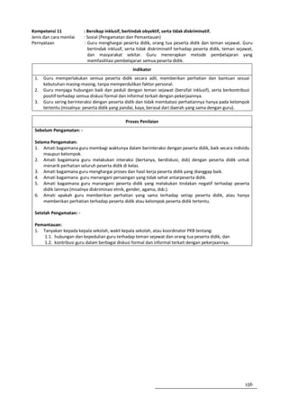 Kompetensi 11            : Bersikap inklusif, bertindak obyektif, serta tidak diskriminatif.
Jenis dan cara menilai   : Sosial (Pengamatan dan Pemantauan)
Pernyataan               : Guru menghargai peserta didik, orang tua peserta didik dan teman sejawat. Guru
                           bertindak inklusif, serta tidak diskriminatif terhadap peserta didik, teman sejawat,
                           dan masyarakat sekitar. Guru menerapkan metode pembelajaran yang
                           memfasilitasi pembelajaran semua peserta didik.
                                                 Indikator
 1.   Guru memperlakukan semua peserta didik secara adil, memberikan perhatian dan bantuan sesuai
      kebutuhan masing-masing, tanpa memperdulikan faktor personal.
 2.   Guru menjaga hubungan baik dan peduli dengan teman sejawat (bersifat inklusif), serta berkontribusi
      positif terhadap semua diskusi formal dan informal terkait dengan pekerjaannya.
 3.   Guru sering berinteraksi dengan peserta didik dan tidak membatasi perhatiannya hanya pada kelompok
      tertentu (misalnya: peserta didik yang pandai, kaya, berasal dari daerah yang sama dengan guru).

                                              Proses Penilaian
 Sebelum Pengamatan: -

 Selama Pengamatan:
 1. Amati bagaimana guru membagi waktunya dalam berinteraksi dengan peserta didik, baik secara individu
     maupun kelompok.
 2. Amati bagaimana guru melakukan interaksi (bertanya, berdiskusi, dsb) dengan peserta didik untuk
     menarik perhatian seluruh peserta didik di kelas.
 3. Amati bagaimana guru menghargai proses dan hasil kerja peserta didik yang dianggap baik.
 4. Amati bagaimana guru menangani persaingan yang tidak sehat antarpeserta didik.
 5. Amati bagaimana guru manangani peserta didik yang melakukan tindakan negatif terhadap peserta
     didik lainnya (misalnya diskriminasi etnik, gender, agama, dsb.).
 6. Amati apakah guru memberikan perhatian yang sama terhadap setiap peserta didik, atau hanya
     memberikan perhatian terhadap peserta didik atau kelompok peserta didik tertentu.

 Setelah Pengamatan: -

 Pemantauan:
 1. Tanyakan kepada kepala sekolah, wakil kepala sekolah, atau koordinator PKB tentang:
     1.1. hubungan dan kepedulian guru terhadap teman sejawat dan orang tua peserta didik; dan
     1.2. kontribusi guru dalam berbagai diskusi formal dan informal terkait dengan pekerjaannya.




                                                                                                           156
 