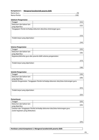 Kompetensi 1 : Mengenal karakteristik peserta didik
Nama Guru    : ………………………………………………………………………………………………………………(9)
Nama Penilai : ……………………………………………………………………………………………………………(10)

Sebelum Pengamatan
 Tanggal                                                                           (11)
 Dokumen dan bahan lain
                                                                                   (12)
 yang diperiksa
 Tanggapan Penilai terhadap dokumen dan/atau keterangan guru


                                                                                   (13)
 Tindak lanjut yang diperlukan:

                                                                                   (14)

Selama Pengamatan
 Tanggal                                                                           (15)
 Dokumen dan bahan lain
                                                                                   (16)
 yang diperiksa
 Kegiatan/aktivitas guru dan peserta didik selama pengamatan:

                                                                                   (17)
 Tindak lanjut yang diperlukan:

                                                                                   (18)

Setelah Pengamatan
 Tanggal                                                                           (19)
 Dokumen dan bahan lain
                                                                                   (20)
 yang diperiksa
 Setelah Pengamatan: Tanggapan Penilai terhadap dokumen dan/atau keterangan guru


                                                                                   (21)
 Tindak lanjut yang diperlukan:

                                                                                   (22)

Pemantauan
 Tanggal                                                                           (23)
 Dokumen dan bahan lain
                                                                                   (24)
 yang diperiksa
 Catatan dan Tanggapan Penilai terhadap dokumen dan/atau keterangan guru
 (catat kegiatan yang dilakukan)




                                                                                   (25)


Penilaian untuk Kompetensi 1: Mengenal karakteristik peserta didik
                                                                                          161
 