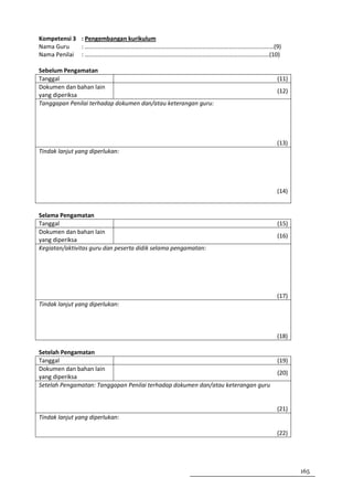 Kompetensi 3 : Pengembangan kurikulum
Nama Guru    : ………………………………………………………………………………………………………………(9)
Nama Penilai : ……………………………………………………………………………………………………………(10)

Sebelum Pengamatan
Tanggal                                                                           (11)
Dokumen dan bahan lain
                                                                                  (12)
yang diperiksa
Tanggapan Penilai terhadap dokumen dan/atau keterangan guru:




                                                                                  (13)
Tindak lanjut yang diperlukan:




                                                                                  (14)


Selama Pengamatan
Tanggal                                                                           (15)
Dokumen dan bahan lain
                                                                                  (16)
yang diperiksa
Kegiatan/aktivitas guru dan peserta didik selama pengamatan:




                                                                                  (17)
Tindak lanjut yang diperlukan:



                                                                                  (18)

Setelah Pengamatan
Tanggal                                                                           (19)
Dokumen dan bahan lain
                                                                                  (20)
yang diperiksa
Setelah Pengamatan: Tanggapan Penilai terhadap dokumen dan/atau keterangan guru


                                                                                  (21)
Tindak lanjut yang diperlukan:

                                                                                  (22)




                                                                                         165
 