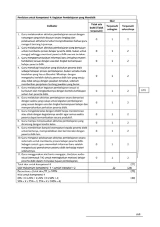 Penilaian untuk Kompetensi 4: Kegiatan Pembelajaran yang Mendidik
                                                                                 Skor
                                                                 Tidak ada
                         Indikator                                             Terpenuhi   Terpenuhi
                                                                bukti (Tidak
                                                                                sebagian   seluruhnya
                                                                terpenuhi)
1. Guru melaksanakan aktivitas pembelajaran sesuai dengan
    rancangan yang telah disusun secara lengkap dan
                                                                     0            1            2
    pelaksanaan aktivitas tersebut mengindikasikan bahwa guru
    mengerti tentang tujuannya.
2. Guru melaksanakan aktivitas pembelajaran yang bertujuan
    untuk membantu proses belajar peserta didik, bukan untuk         0            1            2
    menguji sehingga membuat peserta didik merasa tertekan.
3. Guru mengkomunikasikan informasi baru (misalnya materi
    tambahan) sesuai dengan usia dan tingkat kemampuan               0            1            2
    belajar peserta didik.
4. Guru menyikapi kesalahan yang dilakukan peserta didik
    sebagai tahapan proses pembelajaran, bukan semata-mata
    kesalahan yang harus dikoreksi. Misalnya: dengan
                                                                     0            1            2
    mengetahui terlebih dahulu peserta didik lain yang setuju
    atau tidak setuju dengan jawaban tersebut, sebelum
    memberikan penjelasan tentang jawaban yang benar.
5. Guru melaksanakan kegiatan pembelajaran sesuai isi
    kurikulum dan mengkaitkannya dengan konteks kehidupan            0            1            2                (26)
    sehari-hari peserta didik.
6. Guru melakukan aktivitas pembelajaran secara bervariasi
    dengan waktu yang cukup untuk kegiatan pembelajaran
                                                                     0            1            2
    yang sesuai dengan usia dan tingkat kemampuan belajar dan
    mempertahankan perhatian peserta didik.
7. Guru mengelola kelas dengan efektif tanpa mendominasi
    atau sibuk dengan kegiatannya sendiri agar semua waktu           0            1            2
    peserta dapat termanfaatkan secara produktif.
8. Guru mampu menyesuaikan aktivitas pembelajaran yang
                                                                     0            1            2
    dirancang dengan kondisi kelas.
9. Guru memberikan banyak kesempatan kepada peserta didik
    untuk bertanya, mempraktekkan dan berinteraksi dengan            0            1            2
    peserta didik lain.
10. Guru mengatur pelaksanaan aktivitas pembelajaran secara
    sistematis untuk membantu proses belajar peserta didik.
    Sebagai contoh: guru menambah informasi baru setelah             0            1            2
    mengevaluasi pemahaman peserta didik terhadap materi
    sebelumnya.
11. Guru menggunakan alat bantu mengajar, dan/atau audio-
    visual (termasuk TIK) untuk meningkatkan motivasi belajar        0            1            2
    peserta didik dalam mencapai tujuan pembelajaran.
Total skor untuk kompetensi 4                                                                     (27)
Skor maksimum kompetensi 4 = jumlah indikator × 2                                  22          (28)
Persentase = (total skor/22 ) × 100%                                                              (29)
Nilai untuk kompetensi 4
(0% < X ≤ 25% = 1; 25% < X ≤ 50% = 2;                                                              (30)
50% < X ≤ 75% = 3; 75% < X ≤ 100% = 4)




                                                                                                          168
 