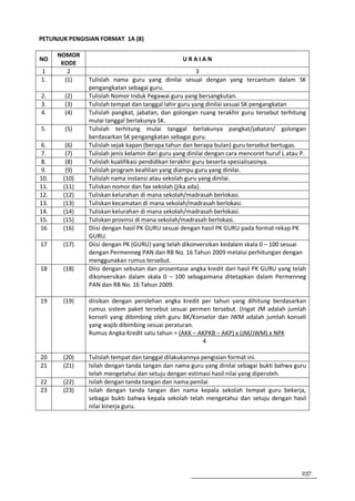 PETUNJUK PENGISIAN FORMAT 1A (8)

      NOMOR
NO                                                URAIAN
       KODE
1        2                                               3
1.      (1)    Tulislah nama guru yang dinilai sesuai dengan yang tercantum dalam SK
               pengangkatan sebagai guru.
2.     (2)     Tulislah Nomor Induk Pegawai guru yang bersangkutan.
3.     (3)     Tulislah tempat dan tanggal lahir guru yang dinilai sesuai SK pengangkatan
4.     (4)     Tulislah pangkat, jabatan, dan golongan ruang terakhir guru tersebut terhitung
               mulai tanggal berlakunya SK.
5.     (5)     Tulislah terhitung mulai tanggal berlakunya pangkat/jabatan/ golongan
               berdasarkan SK pengangkatan sebagai guru.
6.      (6)    Tulislah sejak kapan (berapa tahun dan berapa bulan) guru tersebut bertugas.
7.      (7)    Tulislah jenis kelamin dari guru yang dinilai dengan cara mencoret huruf L atau P.
8.      (8)    Tulislah kualifikasi pendidikan terakhir guru beserta spesialisasinya.
9.      (9)    Tulislah program keahlian yang diampu guru yang dinilai.
10.    (10)    Tulislah nama instansi atau sekolah guru yang dinilai.
11.    (11)    Tuliskan nomor dan fax sekolah (jika ada).
12.    (12)    Tuliskan kelurahan di mana sekolah/madrasah berlokasi.
13.    (13)    Tuliskan kecamatan di mana sekolah/madrasah berlokasi.
14.    (14)    Tuliskan kelurahan di mana sekolah/madrasah berlokasi.
15.    (15)    Tuliskan provinsi di mana sekolah/madrasah berlokasi.
16     (16)    Diisi dengan hasil PK GURU sesuai dengan hasil PK GURU pada format rekap PK
               GURU.
17     (17)    Diisi dengan PK (GURU) yang telah dikonversikan kedalam skala 0 – 100 sesuai
               dengan Permenneg PAN dan RB No. 16 Tahun 2009 melalui perhitungan dengan
               menggunakan rumus tersebut.
18     (18)    Diisi dengan sebutan dan prosentase angka kredit dari hasil PK GURU yang telah
               dikonversikan dalam skala 0 – 100 sebagaimana ditetapkan dalam Permenneg
               PAN dan RB No. 16 Tahun 2009.

19     (19)    diisikan dengan perolehan angka kredit per tahun yang dihitung berdasarkan
               rumus sistem paket tersebut sesuai permen tersebut. (Ingat JM adalah jumlah
               konseli yang dibimbing oleh guru BK/Konselor dan JWM adalah jumlah konseli
               yang wajib dibimbing sesuai peraturan.
               Rumus Angka Kredit satu tahun = (AKK – AKPKB – AKP) x (JM/JWM) x NPK
                                                       4

20     (20)    Tulislah tempat dan tanggal dilakukannya pengisian format ini.
21     (21)    Isilah dengan tanda tangan dan nama guru yang dinilai sebagai bukti bahwa guru
               telah mengetahui dan setuju dengan estimasi hasil nilai yang diperoleh.
22     (22)    Isilah dengan tanda tangan dan nama penilai
23     (23)    Isilah dengan tanda tangan dan nama kepala sekolah tempat guru bekerja,
               sebagai bukti bahwa kepala sekolah telah mengetahui dan setuju dengan hasil
               nilai kinerja guru.




                                                                                               237
 