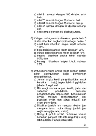 a) nilai 91 sampai dengan 100 disebut amat
      baik;
   b) nilai 76 sampai dengan 90 disebut baik;
   c) nilai 61 sampai dengan 75 disebut cukup;
   d) nilai 51 sampai dengan 60 disebut sedang;
      dan
   e) nilai sampai dengan 50 disebut kurang.

6) Kategori sebagaimana dimaksud pada butir 5
   di atas diberikan angka kredit sebagai berikut.`
   a) amat baik diberikan angka kredit sebesar
      125%;
   b) baik diberikan angka kredit sebesar 100%;
   c) cukup diberikan angka kredit sebesar 75%;
   d) sedang diberikan angka kredit sebesar
      50%; dan
   e) kurang diberikan angka kredit sebesar
      25%.

7) Untuk menghitung angka kredit dengan sistem
   paket     dipergunakan    dasar     perhitungan
   sebagai berikut.
   a) Jumlah angka kredit yang diperlukan untuk
      kenaikan 1 (satu) tingkat lebih tinggi dalam
      jabatan fungsional;
   b) Dikurangi semua angka kredit, yaitu dari
      subunsur         pendidikan,        subunsur
      pengembangan keprofesian berkelanjutan
      (PKB)      meliputi  pengembangan        diri,
      publikasi ilmiah dan karya inovatif, dan
      unsur penunjang;
   c) Dikalikan jumlah jam mengajar (beban jam
      mengajar tatap muka dibagi jumlah jam
      wajib mengajar tatap muka);
   d) Dibagi 4 (untuk jumlah pertahun), karena
      kenaikan pangkat rata-rata (reguler) kurang
      lebih adalah 4 tahun sekali; dan
                                                 30
 