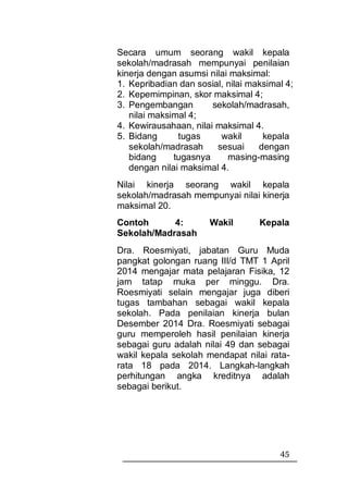 Secara umum seorang wakil kepala
sekolah/madrasah mempunyai penilaian
kinerja dengan asumsi nilai maksimal:
1. Kepribadian dan sosial, nilai maksimal 4;
2. Kepemimpinan, skor maksimal 4;
3. Pengembangan        sekolah/madrasah,
   nilai maksimal 4;
4. Kewirausahaan, nilai maksimal 4.
5. Bidang      tugas     wakil      kepala
   sekolah/madrasah     sesuai     dengan
   bidang     tugasnya     masing-masing
   dengan nilai maksimal 4.
Nilai kinerja seorang wakil kepala
sekolah/madrasah mempunyai nilai kinerja
maksimal 20.
Contoh      4:         Wakil       Kepala
Sekolah/Madrasah
Dra. Roesmiyati, jabatan Guru Muda
pangkat golongan ruang III/d TMT 1 April
2014 mengajar mata pelajaran Fisika, 12
jam tatap muka per minggu. Dra.
Roesmiyati selain mengajar juga diberi
tugas tambahan sebagai wakil kepala
sekolah. Pada penilaian kinerja bulan
Desember 2014 Dra. Roesmiyati sebagai
guru memperoleh hasil penilaian kinerja
sebagai guru adalah nilai 49 dan sebagai
wakil kepala sekolah mendapat nilai rata-
rata 18 pada 2014. Langkah-langkah
perhitungan angka kreditnya adalah
sebagai berikut.




                                        45
 