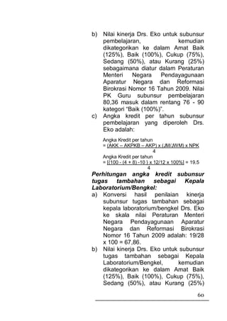 b)   Nilai kinerja Drs. Eko untuk subunsur
     pembelajaran,               kemudian
     dikategorikan ke dalam Amat Baik
     (125%), Baik (100%), Cukup (75%),
     Sedang (50%), atau Kurang (25%)
     sebagaimana diatur dalam Peraturan
     Menteri     Negara    Pendayagunaan
     Aparatur Negara dan Reformasi
     Birokrasi Nomor 16 Tahun 2009. Nilai
     PK Guru subunsur pembelajaran
     80,36 masuk dalam rentang 76 - 90
     kategori “Baik (100%)”.
c)   Angka kredit per tahun subunsur
     pembelajaran yang diperoleh Drs.
     Eko adalah:
     Angka Kredit per tahun
     = (AKK – AKPKB – AKP) x (JM/JWM) x NPK
                               4
     Angka Kredit per tahun
     = [{100 - (4 + 8) -10 } x 12/12 x 100%] = 19,5
                            4
Perhitungan angka kredit subunsur
tugas tambahan sebagai            Kepala
Laboratorium/Bengkel:
a) Konversi hasil penilaian kinerja
    subunsur tugas tambahan sebagai
    kepala laboratorium/bengkel Drs. Eko
    ke skala nilai Peraturan Menteri
    Negara Pendayagunaan Aparatur
    Negara dan Reformasi Birokrasi
    Nomor 16 Tahun 2009 adalah: 19/28
    x 100 = 67,86.
b) Nilai kinerja Drs. Eko untuk subunsur
    tugas tambahan sebagai Kepala
    Laboratorium/Bengkel,      kemudian
    dikategorikan ke dalam Amat Baik
    (125%), Baik (100%), Cukup (75%),
    Sedang (50%), atau Kurang (25%)
                                                  60
 