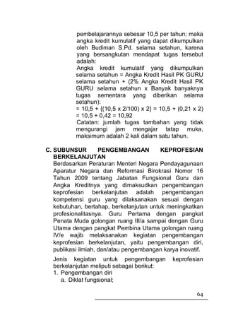 pembelajarannya sebesar 10,5 per tahun; maka
           angka kredit kumulatif yang dapat dikumpulkan
           oleh Budiman S.Pd. selama setahun, karena
           yang bersangkutan mendapat tugas tersebut
           adalah:
           Angka kredit kumulatif yang dikumpulkan
           selama setahun = Angka Kredit Hasil PK GURU
           selama setahun + (2% Angka Kredit Hasil PK
           GURU selama setahun x Banyak banyaknya
           tugas sementara yang diberikan selama
           setahun):
           = 10,5 + {(10,5 x 2/100) x 2} = 10,5 + (0,21 x 2)
           = 10,5 + 0,42 = 10,92
           Catatan: jumlah tugas tambahan yang tidak
           mengurangi jam mengajar tatap muka,
           maksimum adalah 2 kali dalam satu tahun.

C. SUBUNSUR          PENGEMBANGAN         KEPROFESIAN
   BERKELANJUTAN
   Berdasarkan Peraturan Menteri Negara Pendayagunaan
   Aparatur Negara dan Reformasi Birokrasi Nomor 16
   Tahun 2009 tentang Jabatan Fungsional Guru dan
   Angka Kreditnya yang dimaksudkan pengembangan
   keprofesian berkelanjutan adalah pengembangan
   kompetensi guru yang dilaksanakan sesuai dengan
   kebutuhan, bertahap, berkelanjutan untuk meningkatkan
   profesionalitasnya. Guru Pertama dengan pangkat
   Penata Muda golongan ruang III/a sampai dengan Guru
   Utama dengan pangkat Pembina Utama golongan ruang
   IV/e wajib melaksanakan kegiatan pengembangan
   keprofesian berkelanjutan, yaitu pengembangan diri,
   publikasi ilmiah, dan/atau pengembangan karya inovatif.
  Jenis kegiatan untuk pengembangan             keprofesian
  berkelanjutan meliputi sebagai berikut:
  1. Pengembangan diri
     a. Diklat fungsional;

                                                         64
 