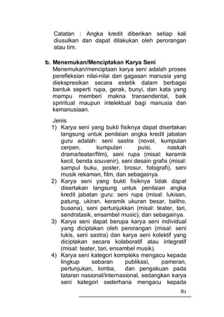 Catatan : Angka kredit diberikan setiap kali
   diusulkan dan dapat dilakukan oleh perorangan
   atau tim.

b. Menemukan/Menciptakan Karya Seni
   Menemukan/menciptaan karya seni adalah proses
   perefleksian nilai-nilai dan gagasan manusia yang
   diekspresikan secara estetik dalam berbagai
   bentuk seperti rupa, gerak, bunyi, dan kata yang
   mampu memberi makna transendental, baik
   spriritual maupun intelektual bagi manusia dan
   kemanusiaan.
  Jenis
  1) Karya seni yang bukti fisiknya dapat disertakan
     langsung untuk penilaian angka kredit jabatan
     guru adalah: seni sastra (novel, kumpulan
     cerpen,        kumpulan         puisi,    naskah
     drama/teater/film), seni rupa (misal: keramik
     kecil, benda souvenir), seni desain grafis (misal:
     sampul buku, poster, brosur, fotografi), seni
     musik rekaman, film, dan sebagainya.
  2) Karya seni yang bukti fisiknya tidak dapat
     disertakan langsung untuk penilaian angka
     kredit jabatan guru: seni rupa (misal: lukisan,
     patung, ukiran, keramik ukuran besar, baliho,
     busana), seni pertunjukkan (misal: teater, tari,
     sendratasik, ensambel music), dan sebagainya.
  3) Karya seni dapat berupa karya seni individual
     yang diciptakan oleh perorangan (misal: seni
     lukis, seni sastra) dan karya seni kolektif yang
     diciptakan secara kolaboratif atau integratif
     (misal: teater, tari, ensambel musik).
  4) Karya seni kategori kompleks mengacu kepada
     lingkup      sebaran       publikasi,  pameran,
     pertunjukan, lomba,        dan pengakuan pada
     tataran nasional/internasional, sedangkan karya
     seni kategori sederhana mengacu kepada
                                                    81
 