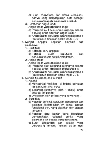 c) Surat pernyataan dari ketua organisasi
         bahwa yang bersangkutan aktif sebagai
         pengurus/anggota organisasi tersebut.
   3) Pemberian angka kredit
      Angka kredit yang diberikan bagi :
      a) Pengurus aktif sekurang-kurangnya selama
         1 (satu) tahun diberikan angka kredit 1;
      b) Anggota aktif sekurang-kurangnya selama 1
         (satu) tahun diberikan angka kredit 0,75.
d. Menjadi anggota kegiatan pramuka dan
   sejenisnya
   1) Bukti fisik
      a) Fotokopi kartu anggota;
      b) Fotokopi       surat      keputusan       dari
         pengurus/kepala sekolah/madrasah.
   2) Angka kredit
      Angka kredit yang diberikan bagi :
      a) Pengurus aktif, sekurang-kurangnya selama
         1 (satu) tahun diberikan angka kredit 1;
      b) Anggota aktif sekurang-kurangnya selama 1
         (satu) tahun diberikan angka kredit 0,75.
e. Menjadi tim penilai angka kredit
   1) Kriteria
      a) Mempunyai keahlian di bidang penilaian
         jabatan fungsional guru;
      b) Sekurang-kurangnya telah 1 (satu) tahun
         sebagai tim penilai;
      c) Ditetapkan oleh pejabat yang berwenang.
   2) Bukti fisik
      a) Fotokopi sertifikat kelulusan pendidikan dan
         pelatihan (diklat) calon tim penilai jabatan
         fungsional guru yang disahkan oleh atasan
         langsung.
      b) Fotokopi atau salinan surat keputusan
         pengangkatan       sebagai    penilai    yang
         disahkan oleh pejabat yang berwenang.
      c) Surat keterangan dari pejabat yang
         berwenang tentang jumlah daftar usul
                                                    89
 