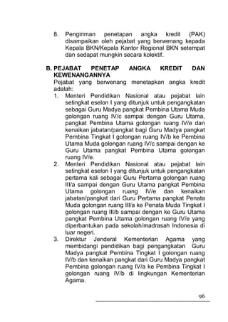8.   Pengiriman penetapan angka kredit (PAK)
       disampaikan oleh pejabat yang berwenang kepada
       Kepala BKN/Kepala Kantor Regional BKN setempat
       dan sedapat mungkin secara kolektif.

B. PEJABAT       PENETAP       ANGKA       KREDIT     DAN
   KEWENANGANNYA
   Pejabat yang berwenang menetapkan angka kredit
   adalah:
   1. Menteri Pendidikan Nasional atau pejabat lain
       setingkat eselon I yang ditunjuk untuk pengangkatan
       sebagai Guru Madya pangkat Pembina Utama Muda
       golongan ruang IV/c sampai dengan Guru Utama,
       pangkat Pembina Utama golongan ruang IV/e dan
       kenaikan jabatan/pangkat bagi Guru Madya pangkat
       Pembina Tingkat I golongan ruang IV/b ke Pembina
       Utama Muda golongan ruang IV/c sampai dengan ke
       Guru Utama pangkat Pembina Utama golongan
       ruang IV/e.
   2. Menteri Pendidikan Nasional atau pejabat lain
       setingkat eselon I yang ditunjuk untuk pengangkatan
       pertama kali sebagai Guru Pertama golongan ruang
       III/a sampai dengan Guru Utama pangkat Pembina
       Utama golongan ruang IV/e dan kenaikan
       jabatan/pangkat dari Guru Pertama pangkat Penata
       Muda golongan ruang III/a ke Penata Muda Tingkat I
       golongan ruang III/b sampai dengan ke Guru Utama
       pangkat Pembina Utama golongan ruang IV/e yang
       diperbantukan pada sekolah/madrasah Indonesia di
       luar negeri.
   3. Direktur Jenderal Kementerian Agama yang
       membidangi pendidikan bagi pengangkatan Guru
       Madya pangkat Pembina Tingkat I golongan ruang
       IV/b dan kenaikan pangkat dari Guru Madya pangkat
       Pembina golongan ruang IV/a ke Pembina Tingkat I
       golongan ruang IV/b di lingkungan Kementerian
       Agama.

                                                       96
 
