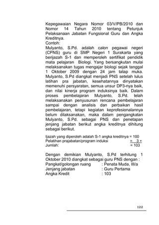 Kepegawaian Negara Nomor 03/V/PB/2010 dan
Nomor 14 Tahun 2010 tentang Petunjuk
Pelaksanaan Jabatan Fungsional Guru dan Angka
Kreditnya.
Contoh:
Mulyanto, S.Pd. adalah calon pegawai negeri
(CPNS) guru di SMP Negeri 1 Surakarta yang
berijazah S-1 dan memperoleh sertifikat pendidik
mata pelajaran Biologi. Yang bersangkutan mulai
melaksanakan tugas mengajar biologi sejak tanggal
1 Oktober 2009 dengan 24 jam tatap muka.
Mulyanto, S.Pd diangkat menjadi PNS setelah lulus
latihan pra jabatan, kesehatannya dinyatakan
memenuhi persyaratan, semua unsur DP3-nya baik,
dan nilai kinerja program induksinya baik. Dalam
proses pembelajaran Mulyanto, S.Pd. telah
melaksanakan penyusunan rencana pembelajaran
sampai dengan analisis dan perbaikan hasil
pembelajaran, tetapi kegiatan keprofesionalannya
belum dilaksanakan, maka dalam pengangkatan
Mulyanto, S.Pd. sebagai PNS dan penetapan
jenjang jabatan berikut angka kreditnya dihitung
sebagai berikut.
Ijazah yang diperoleh adalah S-1 angka kreditnya = 100
Pelatihan prajabatan/program induksi             = 3+
Jumlah:                                          = 103

Dengan demikian Mulyanto, S.Pd terhitung 1
Oktober 2010 diangkat sebagai guru PNS dengan :
Pangkat/golongan ruang      : Penata Muda, III/a
Jenjang jabatan             : Guru Pertama
Angka Kredit                : 103




                                                   122
 