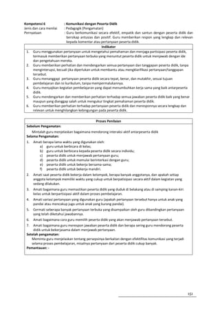 Kompetensi 6              : Komunikasi dengan Peserta Didik
Jenis dan cara menilai    : Pedagogik (Pengamatan)
Pernyataan                : Guru berkomunikasi secara efektif, empatik dan santun dengan peserta didik dan
                            bersikap antusias dan positif. Guru memberikan respon yang lengkap dan relevan
                            kepada komentar atau pertanyaan peserta didik.
                                                   Indikator
 1.   Guru menggunakan pertanyaan untuk mengetahui pemahaman dan menjaga partisipasi peserta didik,
      termasuk memberikan pertanyaan terbuka yang menuntut peserta didik untuk menjawab dengan ide
      dan pengetahuan mereka.
 2.   Guru memberikan perhatian dan mendengarkan semua pertanyaan dan tanggapan peserta didik, tanpa
      menginterupsi, kecuali jika diperlukan untuk membantu atau mengklarifikasi pertanyaan/tanggapan
      tersebut.
 3.   Guru menanggapi pertanyaan peserta didik secara tepat, benar, dan mutakhir, sesuai tujuan
      pembelajaran dan isi kurikulum, tanpa mempermalukannya.
 4.   Guru menyajikan kegiatan pembelajaran yang dapat menumbuhkan kerja sama yang baik antarpeserta
      didik.
 5.   Guru mendengarkan dan memberikan perhatian terhadap semua jawaban peserta didik baik yang benar
      maupun yang dianggap salah untuk mengukur tingkat pemahaman peserta didik.
 6.   Guru memberikan perhatian terhadap pertanyaan peserta didik dan meresponnya secara lengkap dan
      relevan untuk menghilangkan kebingungan pada peserta didik.

                                              Proses Penilaian
 Sebelum Pengamatan:
    Mintalah guru menjelaskan bagaimana mendorong interaksi aktif antarpeserta didik
 Selama Pengamatan:
 1.   Amati berapa lama waktu yang digunakan oleh:
         a) guru untuk berbicara di kelas;
         b) guru untuk berbicara kepada peserta didik secara individu;
         c) peserta didik untuk menjawab pertanyaan guru;
         d) peserta didik untuk memulai berinterkasi dengan guru;
         e) peserta didik untuk bekerja bersama-sama;
         f) peserta didik untuk bekerja mandiri.
 2.   Amati saat peserta didik bekerja dalam kelompok, berapa banyak anggotanya, dan apakah setiap
      anggota kelompok memiliki waktu yang cukup untuk berpatisipasi secara aktif dalam kegiatan yang
      sedang dilakukan.
 3.   Amati bagaimana guru memastikan peserta didik yang duduk di belakang atau di samping kanan-kiri
      kelas untuk berpartisipasi aktif dalam proses pembelajaran.
 4.   Amati variasi pertanyaan yang digunakan guru (apakah pertanyaan tersebut hanya untuk anak yang
      pandai atau mencakup juga untuk anak yang kurang pandai).
 5.   Cermati seberapa banyak pertanyaan terbuka yang disampaikan oleh guru dibandingkan pertanyaan
      yang telah diketahui jawabannya.
 6.   Amati bagaimana cara guru memilih peserta didik yang akan menjawab pertanyaan tersebut.
 7.  Amati bagaimana guru merespon jawaban peserta didik dan berapa sering guru mendorong peserta
     didik untuk bekerjasama dalam menjawab pertanyaan.
 Setelah pengamatan:
    Meminta guru menjelaskan tentang persepsinya berkaitan dengan efektifitas komunikasi yang terjadi
    selama proses pembelajaran, misalnya pertanyaan dari peserta didik cukup banyak.
 Pemantauan: -




                                                                                                        151
 