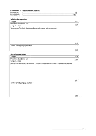Kompetensi 7 : Penilaian dan evaluasi
Nama Guru    : ……………………………………………………………………………………………………………… (9)
Nama Penilai : …………………………………………………………………………………………………………… (10)

Sebelum Pengamatan
Tanggal                                                                           (11)
Dokumen dan bahan lain
                                                                                  (12)
yang diperiksa
Tanggapan Penilai terhadap dokumen dan/atau keterangan gur




                                                                                  (13)
Tindak lanjut yang diperlukan:

                                                                                  (14)

Setelah Pengamatan
Tanggal                                                                           (19)
Dokumen dan bahan lain
                                                                                  (20)
yang diperiksa
Setelah Pengamatan: Tanggapan Penilai terhadap dokumen dan/atau keterangan guru




                                                                                  (21)
Tindak lanjut yang diperlukan:




                                                                                  (22)




                                                                                         173
 