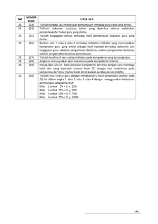 NOMOR
NO                                              URAIAN
       KODE
23.     (23)   Tulislah tanggal saat melakukan pemantauan terhadap guru yang yang dinilai.
24.     (24)   Tullislah dokumen dan/atau bahan yang diperiksa selama melakukan
               pemantauan terhadap guru yang dinilai.
25.    (25)    Tulislah tanggapan penilai terhadap hasil pemantauan kegiatan guru yang
               dinilai.
26.    (26)    Berikan skor 0 atau 1 atau 2 terhadap indikator-indikator yang menunjukkan
               kompetensi guru yang dinilai sebagai hasil evaluasi terhadap dokumen dan
               tanggapan guru sebelum pengamatan dan/atau selama pengamatan dan/atau
               setelah pengamatan dan/atau pemantauan.
27.    (27)    Tulislah total hasil skor setiap indikator pada kompetensi yang bersangkutan.
28.    (28)    Angka ini menunjukkan skor maksimum pada kompetensi tertentu
29.    (29)    Hitung dan tulislah hasil penilaian kompetensi tertentu dengan cara membagi
               total skor yang diperoleh (nomor kode 27) dengan skor maksimum pada
               kompetensi tertentu (nomor kode 28) di kalikan seratus persen (100%).
30.    (30)    Tulislah nilai kinerja guru dengan mengkonversi hasil persentase (nomor kode
               29) ke dalam angka 1 atau 2 atau 3 atau 4 dengan menggunakan ketentuan
               perhitungan sebagai berikut:
               Nilai 1 untuk 0% < X < 25%
               Nilai 2 untuk 25% < X < 50%
               Nilai 3 untuk 50% < X < 75%
               Nilai 4 untuk 75% < X < 100%




                                                                                           186
 