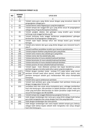 PETUNJUK PENGISIAN FORMAT 1A (3)

       NOMOR
NO                                                 URAIAN
        KODE
 1        2                                               3
 1.      (1)     Tulislah nama guru yang dinilai sesuai dengan yang tercantum dalam SK
                 pengangkatan sebagai guru.
 2.      (2)     Tulislah Nomor Induk Pegawai guru yang bersangkutan.
 3.      (3)     Tulislah tempat dan tanggal lahir guru yang dinilai sesuai SK pengangkatan
                 sebagai Ketua Program/Kompetensi Keahlian.
 4.      (4)     Tulislah pangkat, jabatan, dan golongan ruang terakhir guru tersebut
                 terhitung mulai tanggal berlakunya SK.
 5.      (5)     Tulislah terhitung mulai tanggal berlakunya pangkat/jabatan/ golongan
                 berdasarkan SK pengangkatan sebagai guru.
 6.      (6)     Tulislah sejak kapan (berapa tahun dan berapa bulan) guru tersebut
                 bertugas.
 7.      (7)     Tulislah jenis kelamin dari guru yang dinilai dengan cara mencoret huruf L
                 atau P.
 8.       (8)    Tulislah kualifikasi pendidikan terakhir guru beserta spesialisasinya.
 9.       (9)    Tulislah program keahlian yang diampu gutu yang dinilai.
10.      (10)    Tulislah nama instansi atau sekolah guru yang dinilai.
11.      (11)    Tuliskan nomor dan fax sekolah (jika ada).
12.      (12)    Tuliskan kelurahan di mana sekolah/madrasah berlokasi.
13.      (13)    Tuliskan kecamatan di mana sekolah/madrasah berlokasi.
14.      (14)    Tuliskan kelurahan di mana sekolah/madrasah berlokasi.
15.      (15)    Tuliskan provinsi di mana sekolah/madrasah berlokasi.
         (16)    Tulislah kapan mulai dilakukan penilaian dan kapan berakhirnya proses
                 penilaian bagi guru tersebut pada tahun ajaran yang bersangkutan.
 3.      (17)    Pilihlah dengan memberi tanda centang (“v”) pada kolom yang sesuai,
 4.      (18)    penilaian formatif (awal tahun ajaran), sumatif (akhir tahun ajaran), atau
 5.      (19)    penilaian kemajuan setelah guru melaksanakan PKB untuk memperbaiki
                 kinerjanya.
 6.      (20)    Tulislah tahun ajaran pelaksanaan penilaian.
 7.      (21)    Tulislah hasil penilaian guru yang merupakan hasil penilaian kinerja guru
                 dengan menggunakan format 1B.
 8.      (22)    Jumlahkan hasil nilai untuk semua kompetensi guru, sehingga memberikan
                 hasil nilai kinerja guru. Bila penilaian ini adalah penilaian sumatif, maka nilai
                 inilah yang kemudian dikonversikan ke dalam perolehan angka kredit guru
                 sesuai Permennegpan dan RB 16/2009.
 9.      (23)    Tulislah tempat dan tanggal dilakukannya pengisian format ini.
10.      (24)    Isilah dengan tandatangan dan nama guru yang dinilai sebagai bukti bahwa
                 guru telah mengetahui dan setuju dengan hasil nilai yang diperoleh.
11.      (25)    Isilah dengan tandatangan dan nama penilai.
12.      (26)    Isilah dengan tandatangan dan nama kepala sekolah tempat guru bekerja,
                 sebagai bukti bahwa kepala sekolah telah mengetahui dan setuju dengan
                 hasil nilai kinerja guru.




                                                                                                 188
 