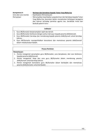 Kompetensi 4             : Beriman dan bertakwa kepada Tuhan Yang Maha Esa
Jenis dan cara menilai   : Kepribadian (Pemantauan)
Pernyataan               : Menampilkan kepribadian yang beriman dan bertakwa kepada Tuhan
                           Yang Maha Esa, konsisten dalam menjalankan kehidupan beragama
                           dan toleran terhadap pemeluk agama lain, berakhlak mulia dan
                           berbudi pekerti luhur.

                                         Indikator
 1. Guru BK/Konselor berpenampilan rapih dan bersih.
 2. Guru BK/Konselor berbicara dengan santun dan jujur kepada peserta didik/konseli.
 3. Guru BK/Konselor bersikap dan mendorong kepada peserta didik/konseli untuk bersikap
    toleran.
 4. Guru BK/Konselor memperlihatkan konsistensi dan memotivasi peserta didik/konseli
    dalam melaksanakan ibadah.


                                      Proses Penilaian
Pemantauan:
 1. Penilai mengamati penampilan guru BK/Konselor, cara berpakaian, dan cara berbicara
    kepada peserta didik/konseli.
 2. Penilai mengamati sikap dan cara guru BK/Konselor dalam mendorong peserta
    didik/konseli untuk bersikap toleran.
 3. Penilai mengamati konsistensi guru BK/Konselor dalam beribadah dan memotivasi
    peserta didik/konselor untuk beribadah.




                                                                                         195
 