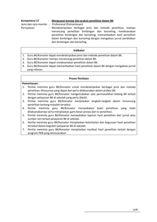 Kompetensi 17          : Menguasai konsep dan praksis penelitian dalam BK
Jenis dan cara menilai : Profesional (Pemantauan)
Pernyataan             : Mendeskripsikan berbagai jenis dan metode penelitian, mampu
                         merancang penelitian bimbingan dan konseling, melaksanakan
                         penelitian bimbingan dan konseling, memanfaatkan hasil penelitian
                         dalam bimbingan dan konseling dengan mengakses jurnal pendidikan
                         dan bimbingan dan konseling.

                                          Indikator
 1.   Guru BK/Konselor dapat mendeskripsikan jenis dan metode penelitian dalam BK.
 2.   Guru BK/Konselor mampu merancang penelitian dalam BK.
 3.   Guru BK/Konselor dapat melaksanakan penelitian dalam BK.
 4.   Guru BK/Konselor dapat memanfaatkan hasil penelitian dalam BK dengan mengakses jurnal
      yang relevan.


                                      Proses Penilaian
Pemantauan:
1. Penilai meminta guru BK/Konselor untuk mendeskripsikan berbagai jenis dan metoda
   penelitian, khususnya yang dapat dan perlu dilaksanakan dalam profesi BK.
2. Penilai meminta guru BK/Konselor mengemukakan satu permasalahan bidang BK terkait
   dengan pelayanan BK di sekolah yang perlu diteliti.
3. Penilai meminta guru BK/Konselor menjelaskan langkah-langkah dalam merancang
   penelitian tentang masalah tersebut.
4. Penilai meminta guru BK/Konselor menyediakan bukti penelitian yang telah
   dilaksanakannya serta menjelaskan garis besar proses dan isi penelitian.
5. Penilai meminta guru BK/Konselor menyediakan laporan hasil penelitian dari jurnal atau
   sumber lain terkait pelayanan BK di sekolah.
6. Penilai meminta guru BK/Konselor menjelaskan keterkaitan dan kegunaan hasil penelitian
   tersebut dalam kegiatan pelayanan BK di sekolah.
7. Penilai meminta guru BK/Konselor menjelaskan manfaat hasil penelitian terkait dengan
   program PKB yang direncanakan.




                                                                                        208
 