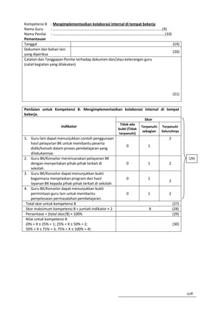 Kompetensi 8 : Mengimplementasikan kolaborasi internal di tempat bekerja
Nama Guru        : ………………………………………………………………………………………………………(9)
Nama Penilai : …………………………………………………………………………………………………………(10)
Pemantauan
Tanggal                                                                  (19)
Dokumen dan bahan lain
                                                                         (20)
yang diperiksa
Catatan dan Tanggapan Penilai terhadap dokumen dan/atau keterangan guru
(catat kegiatan yang dilakukan)




                                                                                           (21)


Penilaian untuk Kompetensi 8: Mengimplementasikan kolaborasi internal di tempat
bekerja.
                                                             Skor
                                                         Tidak ada
                     Indikator                                         Terpenuhi   Terpenuhi
                                                        bukti (Tidak
                                                                        sebagian   Seluruhnya
                                                        terpenuhi)
1. Guru lain dapat menunjukkan contoh penggunaan                                       2
    hasil pelayanan BK untuk membantu peserta
                                                             0            1
    didik/konseli dalam proses pembelajaran yang
    dilakukannya.
2. Guru BK/Konselor merencanakan pelayanan BK                                                     (26)
    dengan menyertakan pihak-pihak terkait di                0            1            2
    sekolah.
3. Guru BK/Konselor dapat menunjukkan bukti
    bagaimana menjelaskan program dan hasil                  0            1
                                                                                       2
    layanan BK kepada pihak-pihak terkait di sekolah.
4. Guru BK/Konselor dapat menunjukkan bukti
    permintaan guru lain untuk membantu                      0            1            2
    penyelesaian permasalahan pembelajaran.
 Total skor untuk kompetensi 8                                                             (27)
 Skor maksimum kompetensi 8 = jumlah indikator × 2                         8               (28)
 Persentase = (total skor/8) × 100%                                                        (29)
 Nilai untuk kompetensi 8
 (0% < X ≤ 25% = 1; 25% < X ≤ 50% = 2;                                                     (30)
 50% < X ≤ 75% = 3; 75% < X ≤ 100% = 4)




                                                                                                  218
 