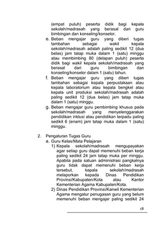 (empat puluh) peserta didik bagi kepala
        sekolah/madrasah yang berasal dari guru
        bimbingan dan konseling/konselor.
     e. Beban mengajar guru yang diberi tugas
        tambahan          sebagai      wakil      kepala
        sekolah/madrasah adalah paling sedikit 12 (dua
        belas) jam tatap muka dalam 1 (satu) minggu
        atau membimbing 80 (delapan puluh) peserta
        didik bagi wakil kepala sekolah/madrasah yang
        berasal      dari     guru    bimbingan      dan
        konseling/konselor dalam 1 (satu) tahun.
     f. Beban mengajar guru yang diberi tugas
        tambahan sebagai kepala perpustakaan atau
        kepala laboratorium atau kepala bengkel atau
        kepala unit produksi sekolah/madrasah adalah
        paling sedikit 12 (dua belas) jam tatap muka
        dalam 1 (satu) minggu.
     g. Beban mengajar guru pembimbing khusus pada
        sekolah/madrasah       yang   menyelenggarakan
        pendidikan inklusi atau pendidikan terpadu paling
        sedikit 6 (enam) jam tatap muka dalam 1 (satu)
        minggu.

2.   Pengaturan Tugas Guru
     a. Guru Kelas/Mata Pelajaran
        1) Kepala sekolah/madrasah mengupayakan
           agar setiap guru dapat memenuhi beban kerja
           paling sedikit 24 jam tatap muka per minggu.
           Apabila pada satuan administrasi pangkalnya
           guru tidak dapat memenuhi beban kerja
           tersebut,       kepala      sekolah/madrasah
           melaporkan      kepada    Dinas    Pendidikan
           Provinsi/Kabupaten/Kota       atau    Kantor
           Kementerian Agama Kabupaten/Kota.
        2) Dinas Pendidikan Provinsi/Kanwil Kementerian
           Agama mengatur penugasan guru yang belum
           memenuhi beban mengajar paling sedikit 24

                                                      18
 