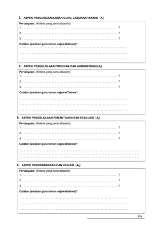 3. ASPEK PENGORGANISASIAN GURU, LABORAN/TEKNISI (A3)
 Pertanyaan: (Kriteria yang perlu didalami)
 1. . . . . . . . . . . . . . . . . . . . . . . . . . . . . . . . . . . . . . . . . . . . . . . . . . . . . . . . . . . . . . . . ?
 2. . . . . . . . . . . . . . . . . . . . . . . . . . . . . . . . . . . . . . . . . . . . . . . . . . . . . . . . . . . . . . . . ?

 3. . . . . . . . . . . . . . . . . . . . . . . . . . . . . . . . . . . . . . . . . . . . . . . . . . . . . . . . . . . . . . . . ?
 Catatan jawaban guru teman sejawat/siswa)*:
  . . . . . . . . . . . . . . . . . . . . . . . . . . . . . . . . . . . . . . . . . . . . . . . . . . . . . . . . . . . . . . . . . . . . . . . . .. . . . .

 . . . . . . . . . . . . . . . . . . . . . . . . . . . . . . . . .. . . . . . . . . . . . . . . . . . . . . . . . . . . . . . . . . . . . . . . . . . . . . .

 . . . . . . . . . . . . . . . . . . . . . . . . .. . . . . . . . . . . . . . . . . . . . . . . . . . . . . . . . . . . . . . . . . . . . . . . . . . . . . .


 4. ASPEK PENGELOLAAN PROGRAM DAN ADMINISTRASI (A4)
 Pertanyaan: (Kriteria yang perlu didalami)
 1. . . . . . . . . . . . . . . . . . . . . . . . . . . . . . . . . . . . . . . . . . . . . . . . . . . . . . . . . . . . . . . . ?

 2. . . . . . . . . . . . . . . . . . . . . . . . . . . . . . . . . . . . . . . . . . . . . . . . . . . . . . . . . . . . . . . . ?
 3. . . . . . . . . . . . . . . . . . . . . . . . . . . . . . . . . . . . . . . . . . . . . . . . . . . . . . . . . . . . . . . . ?

 Catatan jawaban guru teman sejawat*/siswa*:

 ......... ..................... ....... .........................................

 . . . . . . . . . . . . . . . . . . . . . . . .. . . . . . . . . . . . . . . . . . . . . . . . . . . . . . . . . . . . . . . . . . . . . . . . . . . . . . .

 .................. ....... ......................................................


5. ASPEK PENGELOLAAN PEMANTAUAN DAN EVALUASI (A5)
 Pertanyaan: (Kriteria yang perlu didalami)
 1. . . . . . . . . . . . . . . . . . . . . . . . . . . . . . . . . . . . . . . . . . . . . . . . . . . . . . . . . . . . . . . . ?
 2. . . . . . . . . . . . . . . . . . . . . . . . . . . . . . . . . . . . . . . . . . . . . . . . . . . . . . . . . . . . . . . . ?

 3. . . . . . . . . . . . . . . . . . . . . . . . . . . . . . . . . . . . . . . . . . . . . . . . . . . . . . . . . . . . . . . . ?
 Catatan jawaban guru teman sejawat/siswa)*:

 . . . . . . . . . . . . . . . . . . . . . . . . . . . . . . . . . . . . . . . . . . . . . . . . . . . . . . . . . . .. . . . . . . . . . . . . . . . . . . .
 .................. ....... .....................................................
 .................. ....... .....................................................


6. ASPEK PENGEMBANGAN DAN INOVASI (A6)
 Pertanyaan: (Kriteria yang perlu didalami)
 1. . . . . . . . . . . . . . . . . . . . . . . . . . . . . . . . . . . . . . . . . . . . . . . . . . . . . . . . . . . . . . . . ?
 2. . . . . . . . . . . . . . . . . . . . . . . . . . . . . . . . . . . . . . . . . . . . . . . . . . . . . . . . . . . . . . . . ?

 3. . . . . . . . . . . . . . . . . . . . . . . . . . . . . . . . . . . . . . . . . . . . . . . . . . . . . . . . . . . . . . . . ?
 Catatan jawaban guru teman sejawat/siswa)*:

 .................. ....... ......................................................

 . . . . . . . . . . . . . . . . . . . . . . . . .. . . . . . . . . . . . . . . . . . . . . . . . . . . . . . . . . . . . . . . . . . . . . . . . . . . . . .

 .................. ....... ......................................................


                                                                                                                                                                283
 
