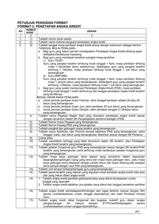 PETUNJUK PENGISIAN FORMAT
FORMAT 2: PENETAPAN ANGKA KREDIT
     NOMOR
NO                                                      URAIAN
     KODE
1     2                                                     3
1.    1)      Tulislah nomor surat usulan.
2.    2)      Tulislah nama instansi pengusul penetapan angka kredit.
3.    3)      Tulislah tanggal masa penilaian angka kredit sesuai dengan ketentuan sebagai berikut:
              TANGGAL MULAI PENILAIAN:
              a. Bagi guru yang belum pernah mendapatkan Penetapan Angka Kredit dihitung sejak
                  ditetapkan/berlakunya inpassing.
              b. Bagi guru yang mendapat kenaikan pangkat masa peralihan :
                  1) Guru TK/SD
                  Guru yang pangkat terakhir terhitung mulai tanggal 1 April, masa penilaian dihitung
                       mulai 1 November tahun sebelumnya. Sedangkan guru yang pangkat terakhir
                       terhitung 1 Oktober, masa penilaian dihitung mulai tanggal 1 Juli tahun yang
                       bersangkutan.
                  2) Guru SMP/SMA
                  Guru yang pangkat terakhir terhitung mulai tanggal 1 April, masa penilaian dihitung
                       mulai 1 Januari tahun yang bersangkutan. Sedangkan guru yang pangkat terakhir
                       terhitung 1 Oktober, masa penilaian dihitung mulai 1 Juli tahun yang bersngkutan.
              c. Bagi guru yang sudah mempunyai Penetapan Angka Kredit (PAK), masa penilaian
                  dihitung mulai tanggal 1 bulan berikutnya dari tanggal penetapan angka kredit terakhir
                  yang dimilikinya.
             NGGAL AKHIR MASA PENILAIAN
              a. Untuk periode penilaian bulan Februari, akhir tanggal penilaian adalah 28 atau 29
                  tahun yang bersangkutan.
              b. Untuk periode penilaian bulan Juni, akhir penilaian 30 Juni tahun yang bersangkutan.
              c. Untuk periode penilaian bulan Oktober, akhir penilaian tanggal 31 Oktober tahun
                  yang bersangkutan.
      4)      Tulislah nama Pegawai Negeri Sipil yang diusulkan penetapan angka kredit sesuai
                   dengan tercantum dalam SK Pengangkatan pertama sebagai CPNS.
      5)      Tulislah Nomor Induk Pegawai yang bersangkutan.
      6)      Tulislah Nomor Karpeg PNS yang bersangkutan.
      7)      Tulislah pangkat dan golongan ruang terakhir yang bersangkutan.
      8)      Tulislah nama Kab/Kota, dan Provinsi tempat kelahiran PNS yang bersangkutan, serta
                   tanggal, bulan, dan tahun yang bersangkutan dilahirkan sesuai dengan SK Pertama.
      9)      Cukup jelas.
      10)     Tulislah pendidikan tertinggi yang telah tercantum dalam SK terakhir, atau Penetapan
                   Angka Kredit terakhir yang bersangkutan.
      11)     Tulislah jabatan fungsional guru PNS yang bersangkutan sesuai dengan SK terakhir/PAK
                   terakhir yang bersangkutan serta terhitung mulai berlakukan jabatan fungsional guru
                   yang bersangkutan.
      12)     Tulislah masa kerja golongan lama seperti yang tercantum dalam keputusan
                   kepangkatan/golongan ruang yang lama dan masa kerja golongan baru, yaitu masa
                   kerja golongan lama ditambah dengan jumlah tahun dan bulan dihitung dari pangkat
                   lama sampai dengan usul PAK yang bersangkutan.
      13)     Tulislah unit tempat berkerja/bertugas guru yang bersangkutan.
      14)     Tulislah ijazah terakhir yang relevan yang diajukan untuk penilaian angka kredit (bila ada)
                   dan yang belum diberi angka kredit.
      15)     1. Tulislah angka kredit pendidik gelar/ijazah/akta yang diikuti berdasarkan urutan
                 tanggal yang diperoleh.
              2. Tulislah angka kredit pelatihan pra jabatan yang diikuti dan tanggal perolehan sertifikat
                 .
      16)     Tulislah angka kredit pembelajaran/bimbingan dan tugas tertentu (sesuai dengan SK)
                   secara urut/berdasarkan urutan tanggal diperolehnya dan hasil Penilaian Kinerja
                   Guru.
      17)     Tulislah angka kredit diklat fungsional dan kegiatan kolektif guru dalam rangka
                   pengembangan         diri   (sesuai    dengan     STTPL/sertifikat/piagam)     secara
                   urut/berdasarkan urutan tanggal diperolehnya.
                                                                                                 287
 