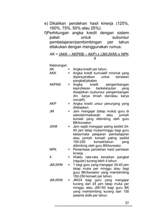 e) Dikalikan perolehan hasil kinerja (125%,
   100%, 75%, 50% atau 25%);
f)Perhitungan angka kredit dengan sistem
   paket           untuk            subunsur
   pembelajaran/pembimbingan per tahun
   dilakukan dengan menggunakan rumus:
  AK = (AKK – AKPKB – AKP) x (JM/JWM) x NPK
                        4
  Keterangan:
  AK          = Angka kredit per tahun.
  AKK         = Angka kredit kumulatif minimal yang
                dipersyaratkan      untuk     kenaikan
                pangkat/jabatan.
  AKPKB       = Angka       kredit     pengembangan
                keprofesian     berkelanjutan     yang
                diwajibkan (subunsur pengembangan
                diri, karya ilmiah dan/atau karya
                inovatif).
  AKP         = Angka kredit unsur penunjang yang
                ditetapkan.
  JM          = Jam mengajar (tatap muka) guru di
                sekolah/madrasah       atau     jumlah
                konseli yang dibimbing oleh guru
                BK/konselor.
  JWM         = Jam wajib mengajar paling sedikit 24-
                40 jam tatap muka/minggu bagi guru
                kelas/mata pelajaran pembelajaran
                atau jumlah konseli paling sedikit
                150-250       konseli/tahun       yang
                dibimbing oleh guru BK/konselor.
  NPK         = Persentase perolehan hasil penilaian
                kinerja .
  4           = Waktu rata-rata kenaikan pangkat
                (reguler) kurang lebih 4 tahun.
  JM/JWM      = 1 bagi guru yang mengajar 24-40 jam
                tatap muka per minggu atau bagi
                guru BK/konselor yang membimbing
                150-250 konseli per tahun.
  JM/JWM      = JM/24 bagi guru yang mengajar
                kurang dari 24 jam tatap muka per
                minggu atau JM/150 bagi guru BK
                yang membimbing kurang dari 150
                peserta didik per tahun.

                                                   31
 