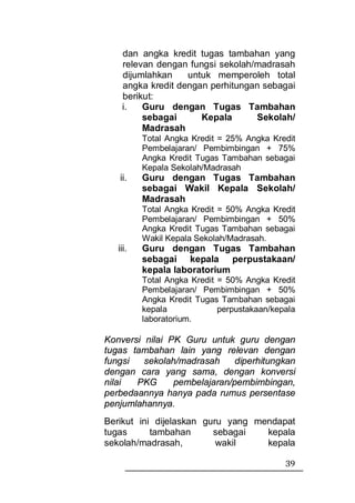 dan angka kredit tugas tambahan yang
    relevan dengan fungsi sekolah/madrasah
    dijumlahkan    untuk memperoleh total
    angka kredit dengan perhitungan sebagai
    berikut:
    i.   Guru dengan Tugas Tambahan
         sebagai      Kepala      Sekolah/
         Madrasah
          Total Angka Kredit = 25% Angka Kredit
          Pembelajaran/ Pembimbingan + 75%
          Angka Kredit Tugas Tambahan sebagai
          Kepala Sekolah/Madrasah
   ii.    Guru dengan Tugas Tambahan
          sebagai Wakil Kepala Sekolah/
          Madrasah
          Total Angka Kredit = 50% Angka Kredit
          Pembelajaran/ Pembimbingan + 50%
          Angka Kredit Tugas Tambahan sebagai
          Wakil Kepala Sekolah/Madrasah.
   iii.   Guru dengan Tugas Tambahan
          sebagai kepala perpustakaan/
          kepala laboratorium
          Total Angka Kredit = 50% Angka Kredit
          Pembelajaran/ Pembimbingan + 50%
          Angka Kredit Tugas Tambahan sebagai
          kepala             perpustakaan/kepala
          laboratorium.

Konversi nilai PK Guru untuk guru dengan
tugas tambahan lain yang relevan dengan
fungsi   sekolah/madrasah     diperhitungkan
dengan cara yang sama, dengan konversi
nilai  PKG      pembelajaran/pembimbingan,
perbedaannya hanya pada rumus persentase
penjumlahannya.
Berikut ini dijelaskan guru yang mendapat
tugas      tambahan      sebagai   kepala
sekolah/madrasah,         wakil    kepala

                                             39
 