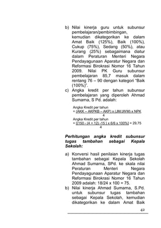 b) Nilai kinerja guru untuk subunsur
   pembelajaran/pembimbingan,
   kemudian dikategorikan ke dalam
   Amat Baik (125%), Baik (100%),
   Cukup (75%), Sedang (50%), atau
   Kurang (25%) sebagaimana diatur
   dalam Peraturan Menteri Negara
   Pendayagunaan Aparatur Negara dan
   Reformasi Birokrasi Nomor 16 Tahun
   2009. Nilai PK Guru subunsur
   pembelajaran 85,7 masuk dalam
   rentang 76 – 90 dengan kategori “Baik
   (100%)”.
c) Angka kredit per tahun subunsur
   pembelajaran yang diperoleh Ahmad
   Sumarna, S Pd. adalah:
    Angka Kredit per tahun
    = (AKK – AKPKB – AKP) x (JM/JWM) x NPK
                         4
    Angka Kredit per tahun
    = [{150 - (4 + 12) -15 } x 6/6 x 100%] = 29,75
                       4

Perhitungan angka kredit subunsur
tugas tambahan sebagai     Kepala
Sekolah:
a) Konversi hasil penilaian kinerja tugas
   tambahan sebagai Kepala Sekolah
   Ahmad Sumarna, SPd. ke skala nilai
   Peraturan       Menteri        Negara
   Pendayagunaan Aparatur Negara dan
   Reformasi Birokrasi Nomor 16 Tahun
   2009 adalah: 18/24 x 100 = 75.
b) Nilai kinerja Ahmad Sumarna, S.Pd.
   untuk subunsur tugas tambahan
   sebagai Kepala Sekolah, kemudian
   dikategorikan ke dalam Amat Baik
                                                 42
 