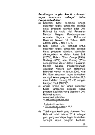 Perhitungan angka kredit subunsur
tugas     tambahan     sebagai    Ketua
Program Keahlian:
a) Konversi hasil penilaian kinerja
    subunsur tugas tambahan sebagai
    ketua program keahlian bagi Drs.
    Rahmat ke skala nilai Peraturan
    Menteri    Negara    Pendayagunaan
    Aparatur Negara dan Reformasi
    Birokrasi Nomor 16 Tahun 2009
    adalah: 28/32 x 100 = 87,5.
b) Nilai kinerja Drs. Rahmat untuk
    subunsur tugas tambahan sebagai
    ketua program keahlian, kemudian
    dikategorikan ke dalam Amat Baik
    (125%), Baik (100%), Cukup (75%),
    Sedang (50%), atau Kurang (25%)
    sebagaimana diatur dalam Peraturan
    Menteri    Negara    Pendayagunaan
    Aparatur Negara dan Reformasi
    Birokrasi Nomor 16 Tahun 2009. Nilai
    PK Guru subunsur tugas tambahan
    sebagai ketua program keahlian 87,5
    masuk dalam rentang 76 - 90 dengan
    kategori “Baik (100%)”.
c) Angka kredit per tahun subunsur
    tugas tambahan sebagai ketua
    program keahlian yang diperoleh Drs.
    Rahmat adalah:
     Angka kredit satu tahun
     =( AKK-AKPKB-AKP) x NPK
                   4
     Angka kredit satu tahun
     = {100-(4+8)-10} x 100% = 19,5
                   4
d)   Total angka kredit yang diperoleh Drs.
     Rahmat untuk tahun 2014 sebagai
     guru yang mendapat tugas tambahan
     sebagai ketua program keahlian
                                        56
 