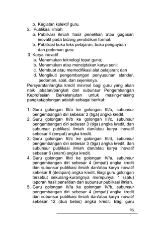 b. Kegiatan kolektif guru.
2. Publikasi ilmiah
   a. Publikasi ilmiah hasil penelitian atau gagasan
      inovatif pada bidang pendidikan formal:
   b. Publikasi buku teks pelajaran, buku pengayaan
      dan pedoman guru:
3. Karya inovatif
   a. Menemukan teknologi tepat guna;
   b. Menemukan atau menciptakan karya seni;
   c. Membuat atau memodifikasi alat pelajaran; dan
   d. Mengikuti pengembangan penyusunan standar,
       pedoman, soal, dan sejenisnya.
Persyaratan/angka kredit minimal bagi guru yang akan
naik jabatan/pangkat dari subunsur Pengembangan
Keprofesian      Berkelanjutan   untuk    masing-masing
pangkat/golongan adalah sebagai berikut:

1. Guru golongan III/a ke golongan III/b, subunsur
   pengembangan diri sebesar 3 (tiga) angka kredit.
2. Guru golongan III/b ke golongan III/c, subunsur
   pengembangan diri sebesar 3 (tiga) angka kredit, dan
   subunsur publikasi ilmiah dan/atau karya inovatif
   sebesar 4 (empat) angka kredit.
3. Guru golongan III/c ke golongan III/d, subunsur
   pengembangan diri sebesar 3 (tiga) angka kredit, dan
   subunsur publikasi ilmiah dan/atau karya inovatif
   sebesar 6 (enam) angka kredit.
4. Guru golongan III/d ke golongan IV/a, subunsur
   pengembangan diri sebesar 4 (empat) angka kredit
   dan subunsur publikasi ilmiah dan/atau karya inovatif
   sebesar 8 (delapan) angka kredit. Bagi guru golongan
   tersebut sekurang-kurangnya mempunyai 1 (satu)
   laporan hasil penelitian dari subunsur publikasi ilmiah.
5. Guru golongan IV/a ke golongan IV/b, subunsur
   pengembangan diri sebesar 4 (empat) angka kredit
   dan subunsur publikasi ilmiah dan/atau karya inovatif
   sebesar 12 (dua belas) angka kredit. Bagi guru
                                                        65
 