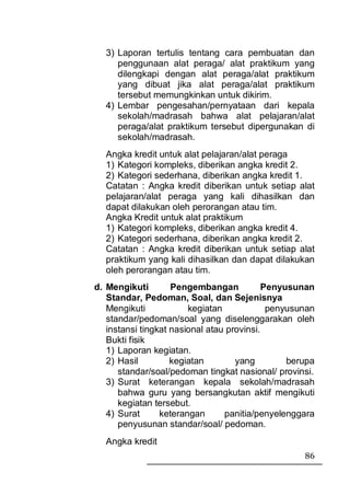 3) Laporan tertulis tentang cara pembuatan dan
     penggunaan alat peraga/ alat praktikum yang
     dilengkapi dengan alat peraga/alat praktikum
     yang dibuat jika alat peraga/alat praktikum
     tersebut memungkinkan untuk dikirim.
  4) Lembar pengesahan/pernyataan dari kepala
     sekolah/madrasah bahwa alat pelajaran/alat
     peraga/alat praktikum tersebut dipergunakan di
     sekolah/madrasah.
  Angka kredit untuk alat pelajaran/alat peraga
  1) Kategori kompleks, diberikan angka kredit 2.
  2) Kategori sederhana, diberikan angka kredit 1.
  Catatan : Angka kredit diberikan untuk setiap alat
  pelajaran/alat peraga yang kali dihasilkan dan
  dapat dilakukan oleh perorangan atau tim.
  Angka Kredit untuk alat praktikum
  1) Kategori kompleks, diberikan angka kredit 4.
  2) Kategori sederhana, diberikan angka kredit 2.
  Catatan : Angka kredit diberikan untuk setiap alat
  praktikum yang kali dihasilkan dan dapat dilakukan
  oleh perorangan atau tim.
d. Mengikuti        Pengembangan            Penyusunan
   Standar, Pedoman, Soal, dan Sejenisnya
   Mengikuti            kegiatan             penyusunan
   standar/pedoman/soal yang diselenggarakan oleh
   instansi tingkat nasional atau provinsi.
   Bukti fisik
   1) Laporan kegiatan.
   2) Hasil         kegiatan        yang         berupa
      standar/soal/pedoman tingkat nasional/ provinsi.
   3) Surat keterangan kepala sekolah/madrasah
      bahwa guru yang bersangkutan aktif mengikuti
      kegiatan tersebut.
   4) Surat      keterangan      panitia/penyelenggara
      penyusunan standar/soal/ pedoman.
  Angka kredit
                                                    86
 