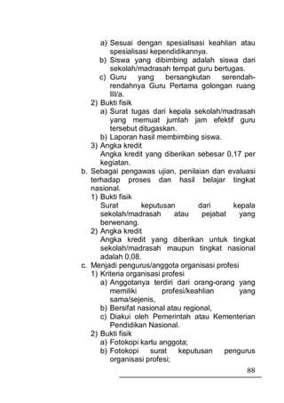 a) Sesuai dengan spesialisasi keahlian atau
         spesialisasi kependidikannya.
      b) Siswa yang dibimbing adalah siswa dari
         sekolah/madrasah tempat guru bertugas.
      c) Guru     yang     bersangkutan    serendah-
         rendahnya Guru Pertama golongan ruang
         III/a.
   2) Bukti fisik
      a) Surat tugas dari kepala sekolah/madrasah
         yang memuat jumlah jam efektif guru
         tersebut ditugaskan.
      b) Laporan hasil membimbing siswa.
   3) Angka kredit
      Angka kredit yang diberikan sebesar 0,17 per
      kegiatan.
b. Sebagai pengawas ujian, penilaian dan evaluasi
   terhadap proses dan hasil belajar tingkat
   nasional.
   1) Bukti fisik
      Surat        keputusan         dari     kepala
      sekolah/madrasah        atau    pejabat   yang
      berwenang.
   2) Angka kredit
      Angka kredit yang diberikan untuk tingkat
      sekolah/madrasah maupun tingkat nasional
      adalah 0,08.
c. Menjadi pengurus/anggota organisasi profesi
   1) Kriteria organisasi profesi
      a) Anggotanya terdiri dari orang-orang yang
         memiliki         profesi/keahlian      yang
         sama/sejenis,
      b) Bersifat nasional atau regional,
      c) Diakui oleh Pemerintah atau Kementerian
         Pendidikan Nasional.
   2) Bukti fisik
      a) Fotokopi kartu anggota;
      b) Fotokopi     surat    keputusan    pengurus
         organisasi profesi;
                                                 88
 