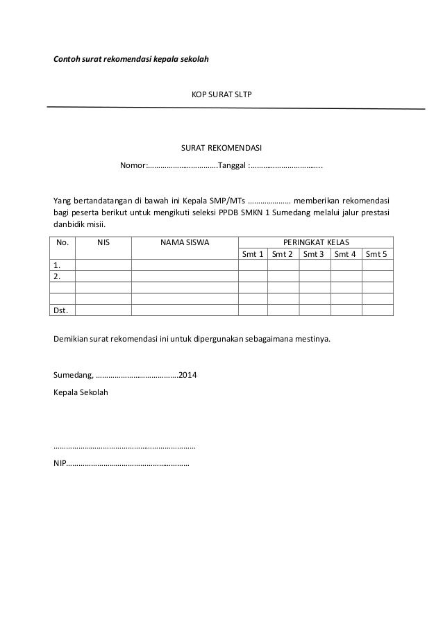 Contoh Surat Rekomendasi Kepala Sekolah Untuk Kjp 