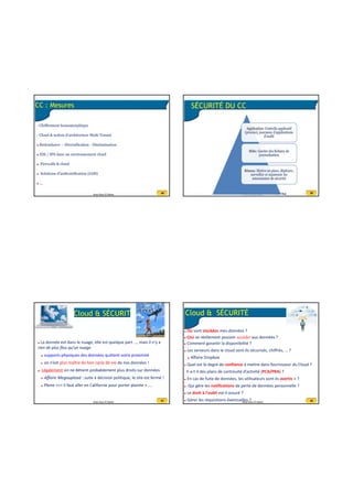 20/07/2016
13
49Anas Abou El Kalam
CC : Mesures
- Chiffrement homomorphique
- Cloud & notion d'architecture Multi Tenant
Redondance – Diversification - Dissémination
IDS / IPS dans un environnement cloud
Firewalls & cloud
Solutions d'authentification (IAM)
...
50Anas Abou El Kalam
SÉCURITÉ DU CC
50ENSA DE MARRAKECH - UNIVERSITE CADI AYYAD
Les défis de Sécurité dans le Cloud Computing
51Anas Abou El Kalam
Cloud & SÉCURITÉ
La donnée est dans le nuage, elle est quelque part ..., mais il n’y a 
rien de plus flou qu’un nuage.
supports physiques des données quittent votre proximité
on n’est plus maître du bon cycle de vie de nos données !
Légalement on ne détient probablement plus droits sur données
Affaire Megaupload : suite à décision politique, le site est fermé !
Pbme ==> il faut aller en Californie pour porter plainte » ….
52Anas Abou El Kalam
Cloud & SÉCURITÉ
Où sont stockées mes données ?
 Qui va réellement pouvoir accéder aux données ?
Comment garantir la disponibilité ?
Les serveurs dans le cloud sont‐ils sécurisés, chiffrés, … ?
Affaire Dropbox
Quel est le degré de confiance à mettre dans fournisseur du Cloud ?
Y‐a‐t‐il des plans de continuité d’activité (PCA/PRA) ? 
En cas de fuite de données, les utilisateurs sont‐ils avertis » ?
Qui gère les notifications de perte de données personnelle ?
Le droit à l'oubli est‐il assuré ? 
Gérer les réquisitions éventuelles ?
 