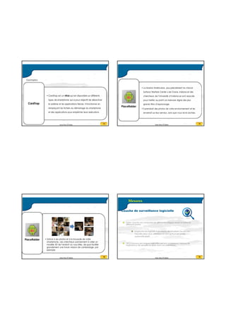 20/07/2016
19
73Anas Abou El Kalam
Exemples
74Anas Abou El Kalam
75Anas Abou El Kalam
76Anas Abou El Kalam
Couche de surveillance logicielle
 Cette couche est composée de différentes briques visant à renforcer
différents points :
 empêcher les logiciels malveillants, les intrusions, ou encore
l'identification d'un utilisateur en tant qu'humain et son
authentification.
 On y trouvera des briques logicielles qui sont notamment héritées de
l'expérience de sécurité acquise avec les ordinateurs .
Mesures
 