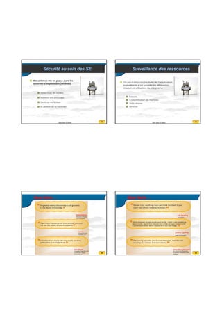 20/07/2016
22
85Anas Abou El Kalam
Sécurité au sein des SE
 Mécanismes mis en place dans les
systèmes d'exploitation (Android)
 Détecteurs de rootkits,
 Isolation des processus
 Droits sur les fichiers
 la gestion de la mémoire
86Anas Abou El Kalam
Surveillance des ressources
 On peut détecter l'activité de l'application
malveillante si on surveille les différentes
ressources utilisables du téléphone:
 Batterie
 Consommation de mémoire
 Trafic réseau
 Services
87Anas Abou El Kalam
Que faire ...
88Anas Abou El Kalam
Que faire ...
 