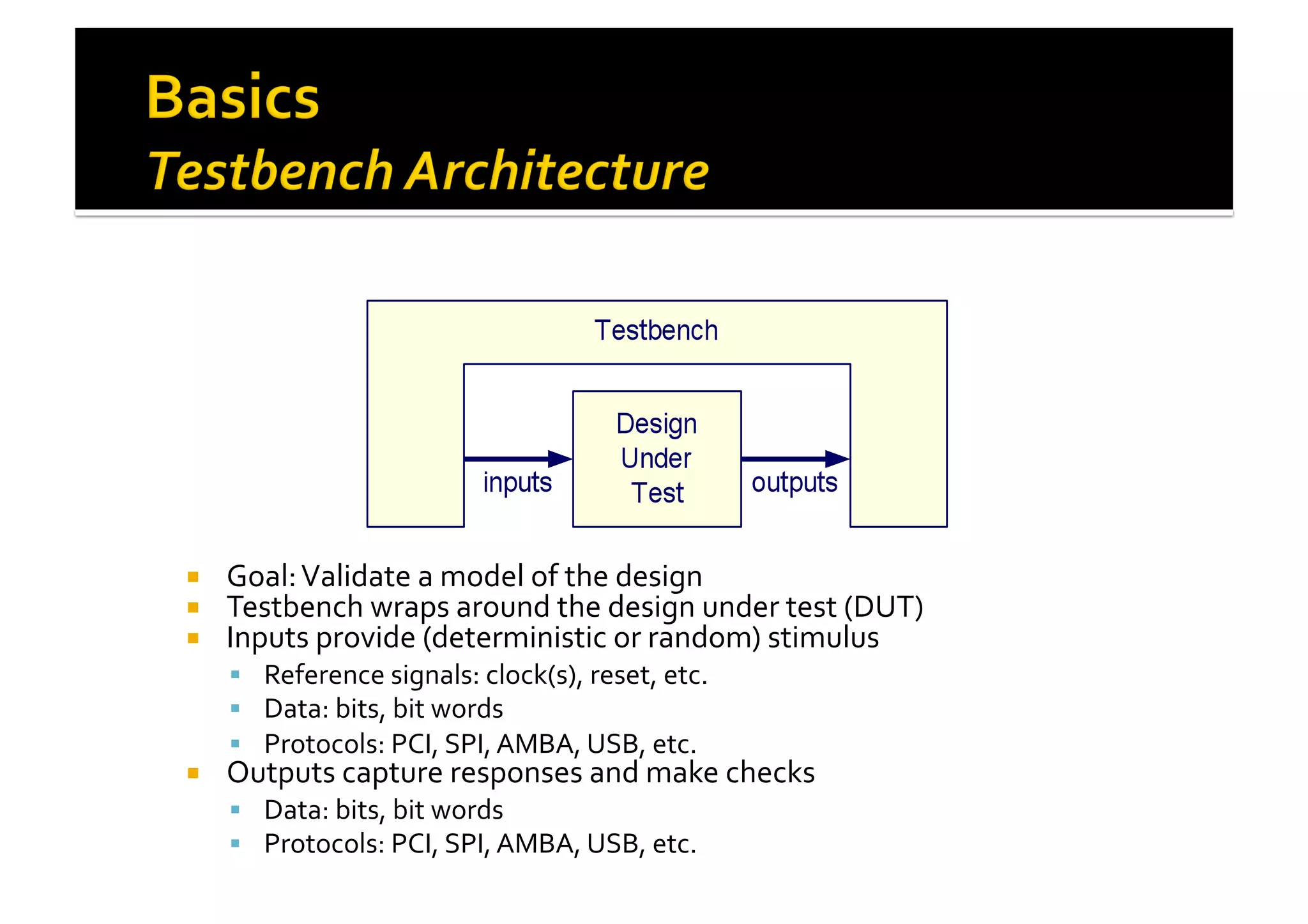 !  Goal:	
  Validate	
  a	
  model	
  of	
  the	
  design	
  
!  Testbench	
  wraps	
  around	
  the	
  design	
  under	
  test	
  (DUT)	
  
!  Inputs	
  provide	
  (deterministic	
  or	
  random)	
  stimulus	
  
!  Reference	
  signals:	
  clock(s),	
  reset,	
  etc.	
  
!  Data:	
  bits,	
  bit	
  words	
  
!  Protocols:	
  PCI,	
  SPI,	
  AMBA,	
  USB,	
  etc.	
  
!  Outputs	
  capture	
  responses	
  and	
  make	
  checks	
  
!  Data:	
  bits,	
  bit	
  words	
  
!  Protocols:	
  PCI,	
  SPI,	
  AMBA,	
  USB,	
  etc.	
  
 