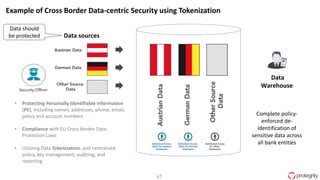 47
Data sources
Data
Warehouse
Complete policy-
enforced de-
identification of
sensitive data across
all bank entities
Example of Cross Border Data-centric Security using Tokenization
• Protecting Personally Identifiable Information
(PII), including names, addresses, phone, email,
policy and account numbers
• Compliance with EU Cross Border Data
Protection Laws
• Utilizing Data Tokenization, and centralized
policy, key management, auditing, and
reporting
Data should
be protected
 