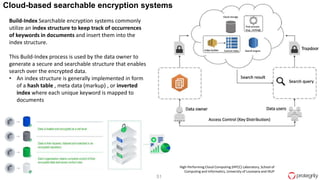 51
Cloud-based searchable encryption systems
Build-Index Searchable encryption systems commonly
utilize an index structure to keep track of occurrences
of keywords in documents and insert them into the
index structure.
This Build-Index process is used by the data owner to
generate a secure and searchable structure that enables
search over the encrypted data.
• An index structure is generally implemented in form
of a hash table , meta data (markup) , or inverted
index where each unique keyword is mapped to
documents
High-Performing Cloud Computing (HPCC) Laboratory, School of
Computing and Informatics, University of Louisiana and IXUP
 