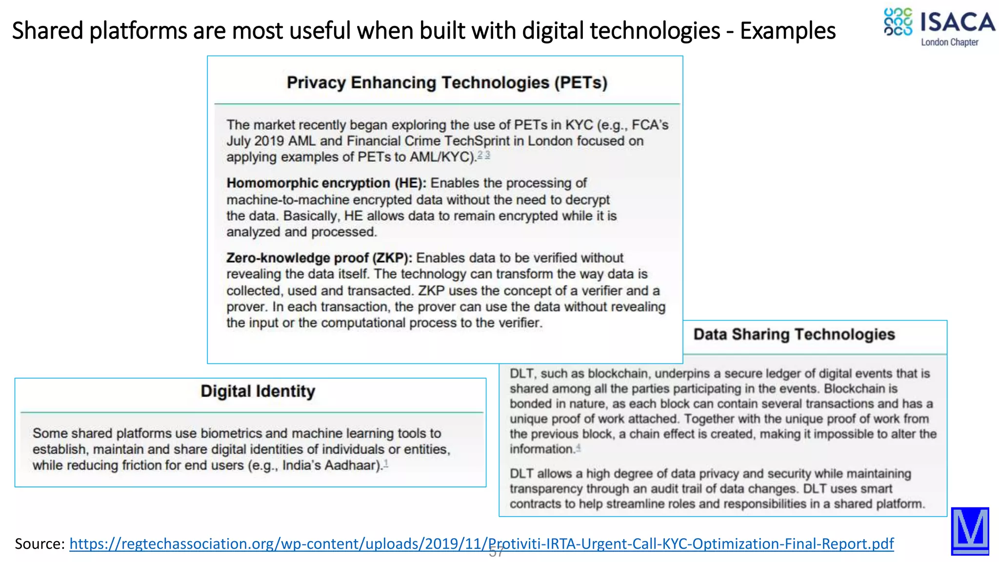 57
Shared platforms are most useful when built with digital technologies - Examples
Source: https://regtechassociation.org/wp-content/uploads/2019/11/Protiviti-IRTA-Urgent-Call-KYC-Optimization-Final-Report.pdf
 