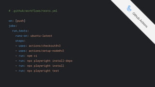 # .github/workflows/tests.yml
on: [push]
jobs:
run_tests:
runs-on: ubuntu-latest
steps:
- uses: actions/checkout@v2
- uses: actions/setup-node@v2
- run: npm ci
- run: npx playwright install-deps
- run: npx playwright install
- run: npx playwright test
G
i
t
h
u
b
A
c
t
i
o
n
s
 